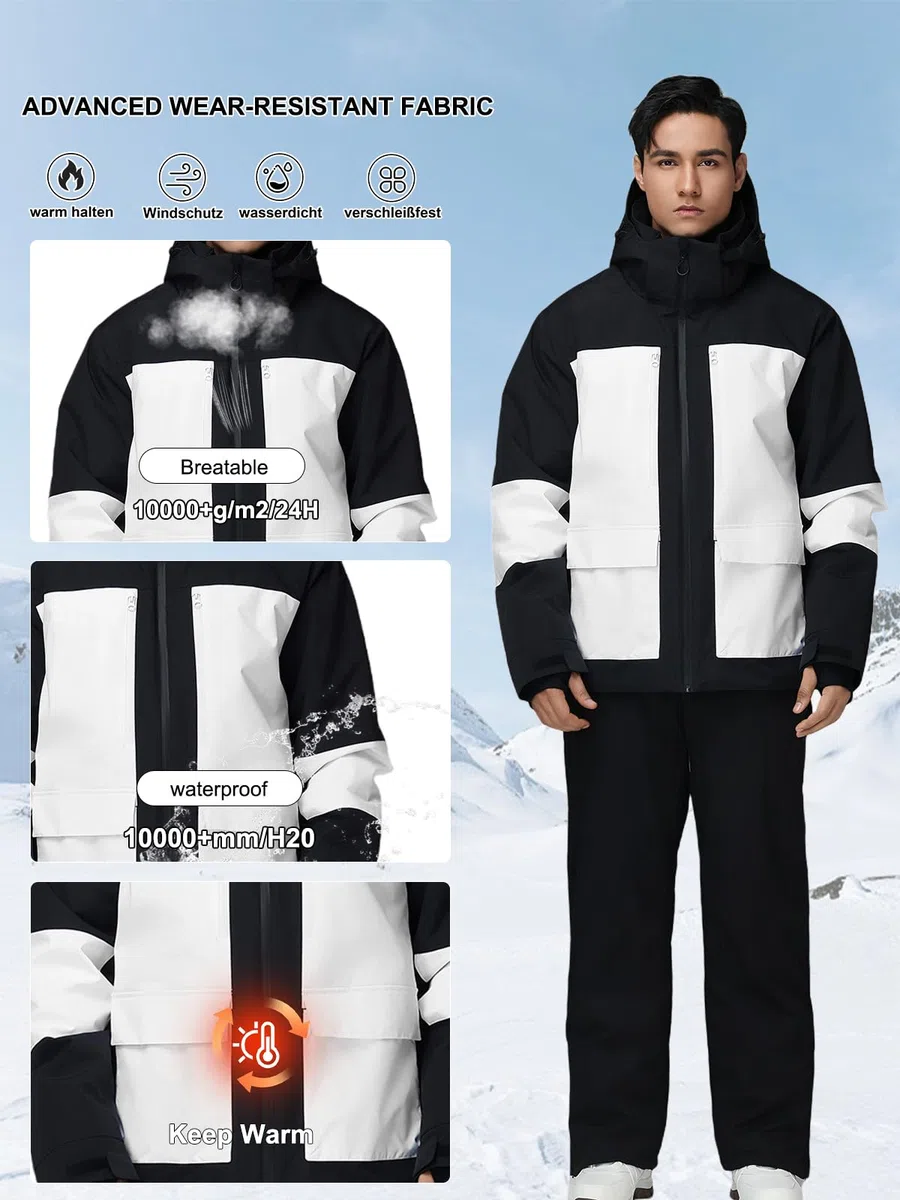 HOTIAN Set giacca e pantaloni da sci da uomo, traspirante, impermeabile, antivento, con cappuccio rimovibile, set da snowboard