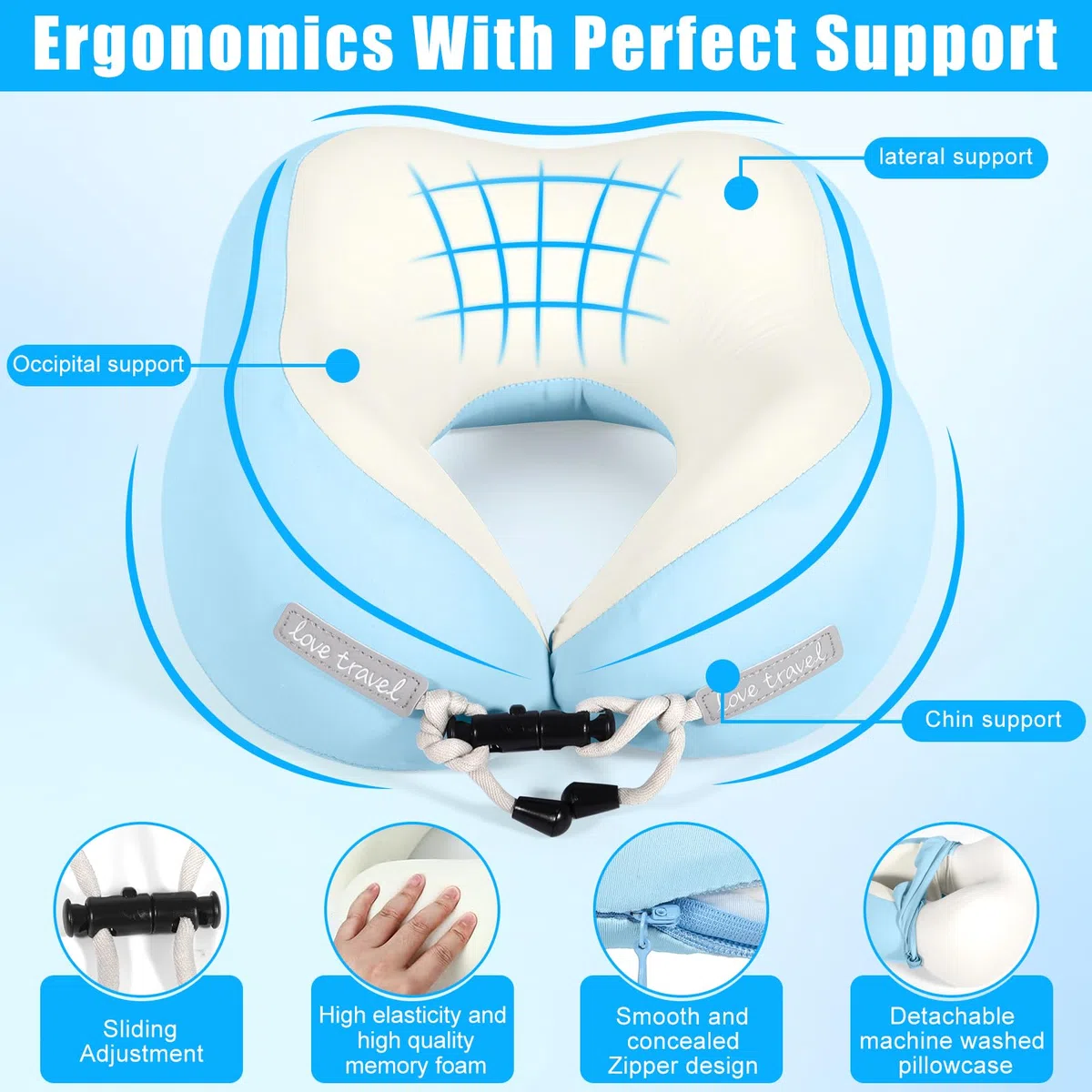 Cuscino da Viaggio Aereo, Cuscino Cervicale Memory Foam Ergonomico a Forma di U con Federa in Ice-Seta, Ideale per Auto Treno Ufficio, Incluso Maschera per Dormire e Tappi per le Orecchie