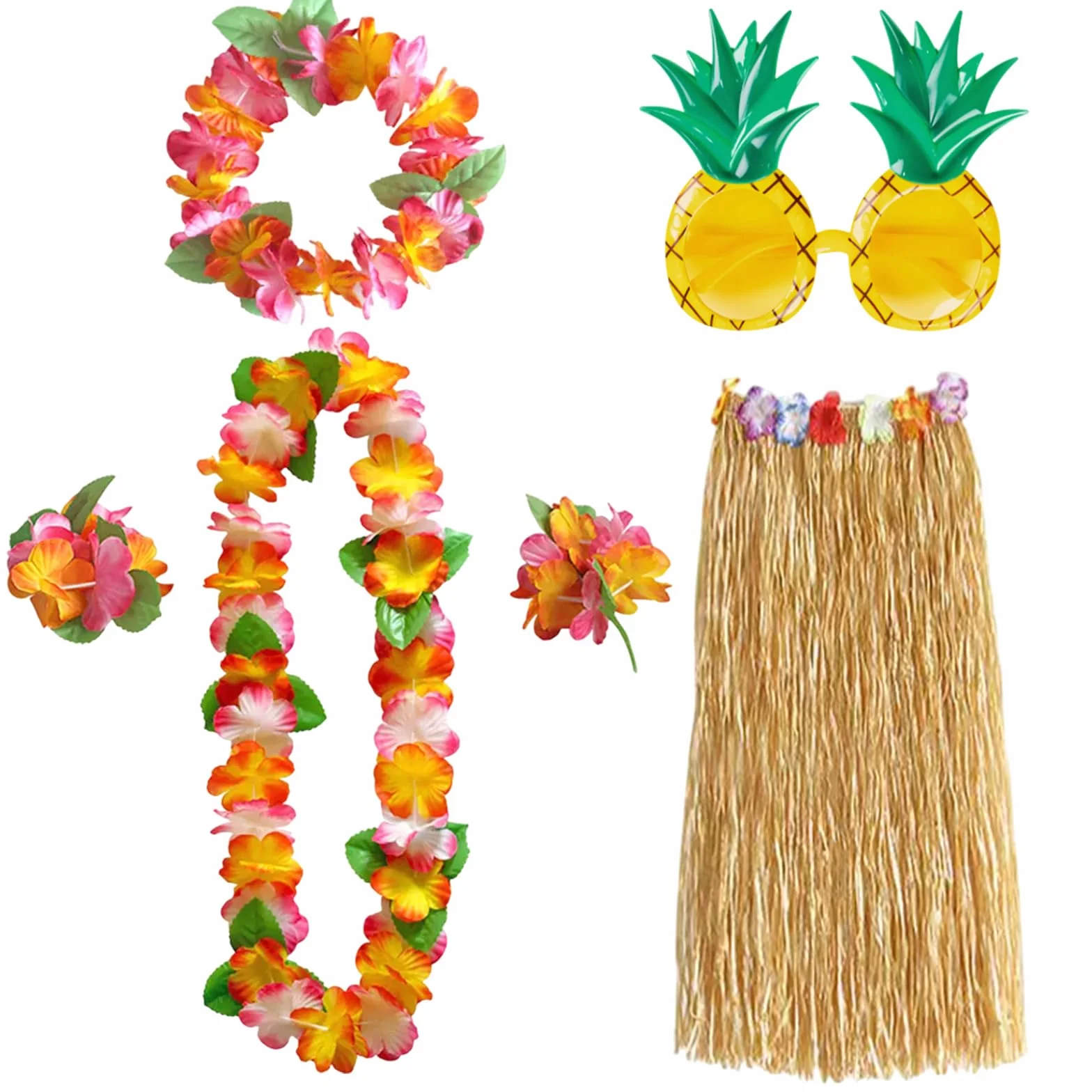 6 decorazioni hawaiane Leis per feste, collane con fiori, bracciali, fascia per capelli, occhiali da ananas, gonna hawaiana per adulti, travestimento per feste in spiaggia, feste notturne e