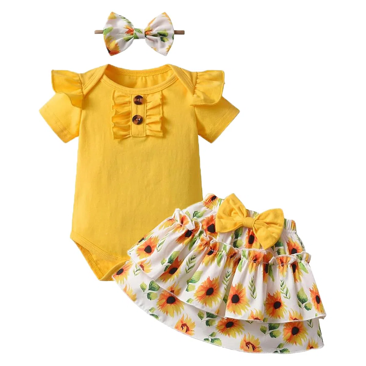 3 Pezzi Abiti Gonna Set per Neonata Top Romper con Volant a Manica Corta + Gonna Stampato con Fascia Completo Set di Vestitini per Neonati