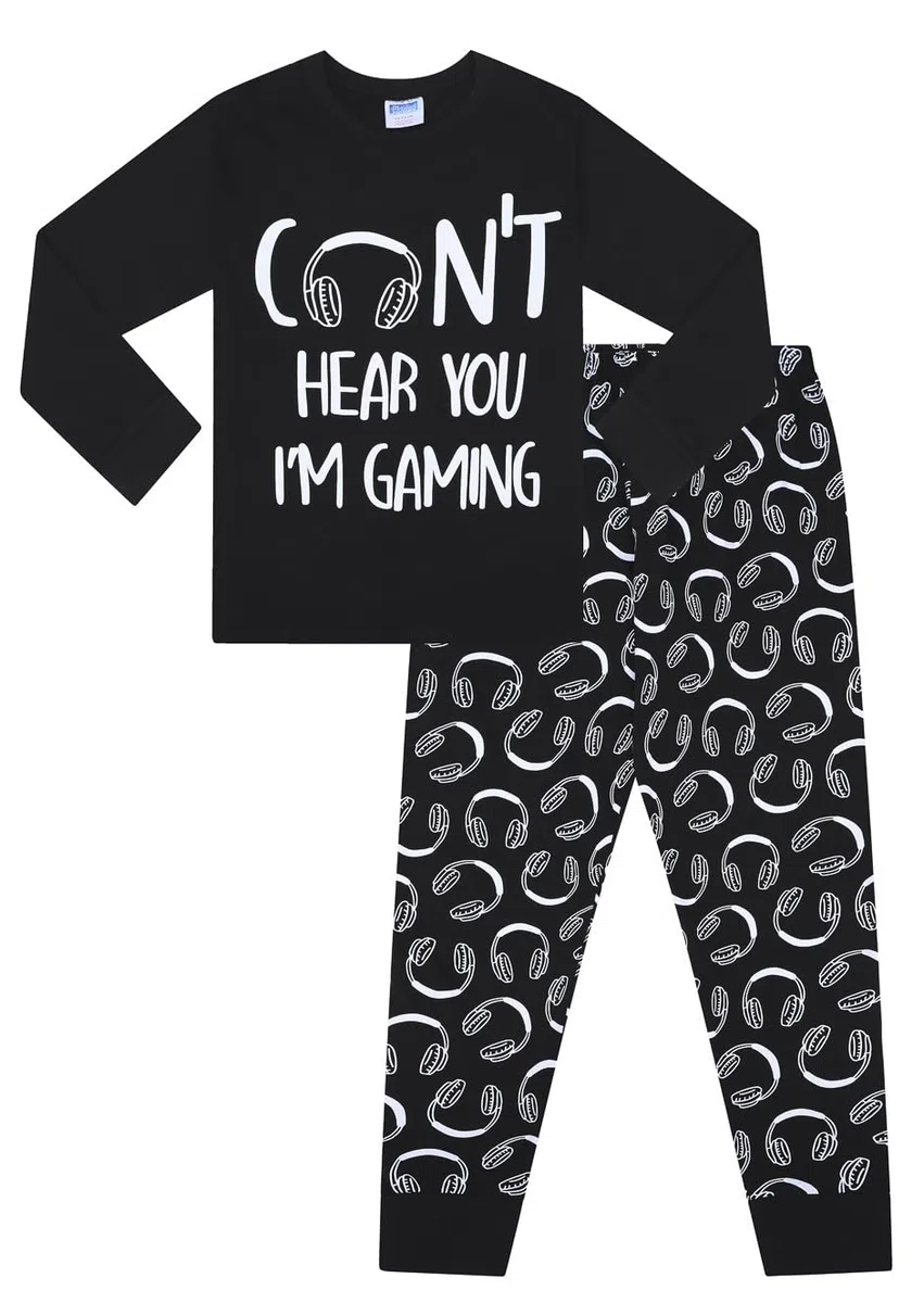 Pigiama lungo in cotone nero con scritta "Can't Hear You I'm Gaming"