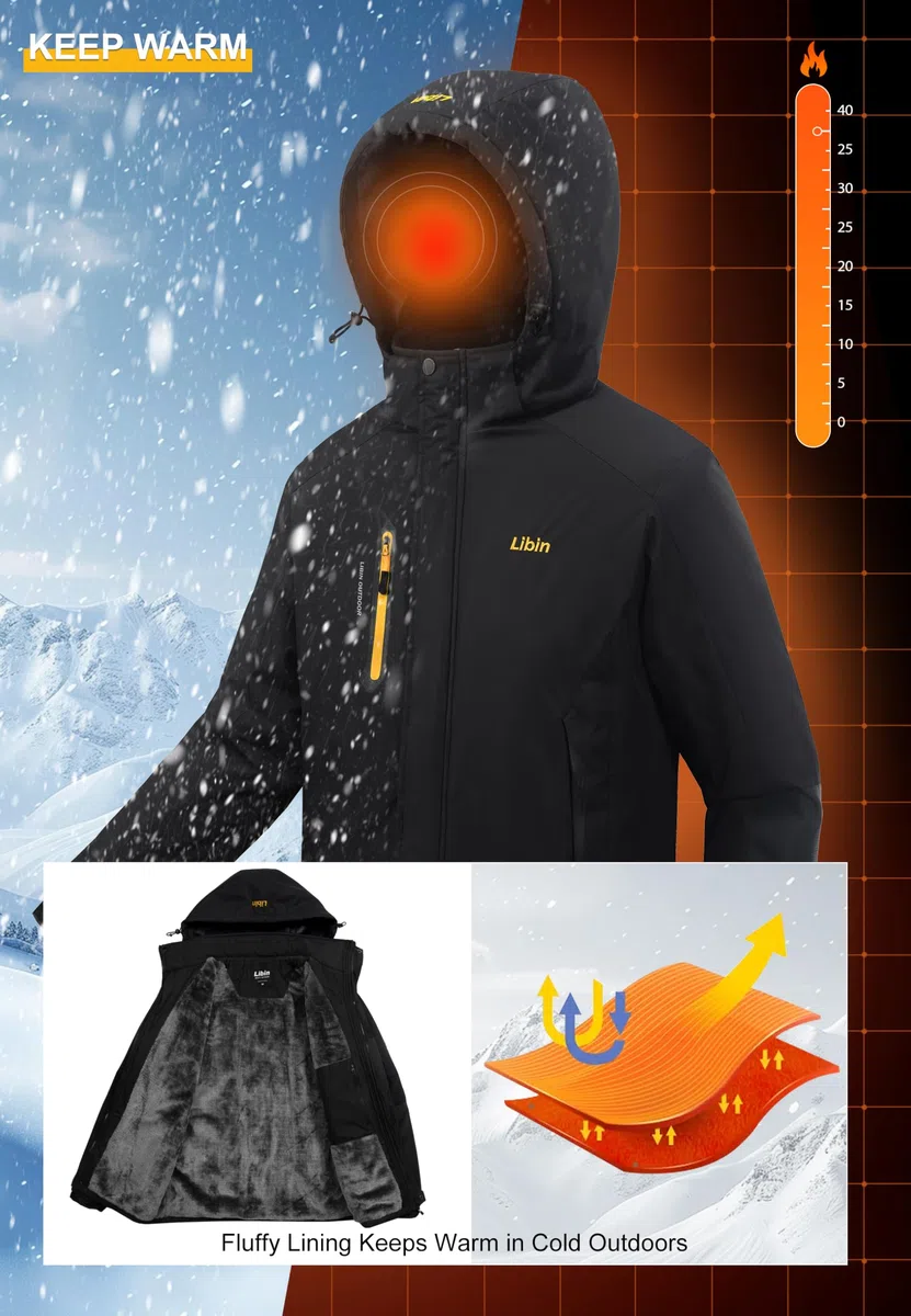 Libin Giacca da sci da uomo, calda, invernale, da snowboard, softshell per attività all'aria aperta, impermeabile, traspirante, da trekking, snowboard, da uomo, da montagna