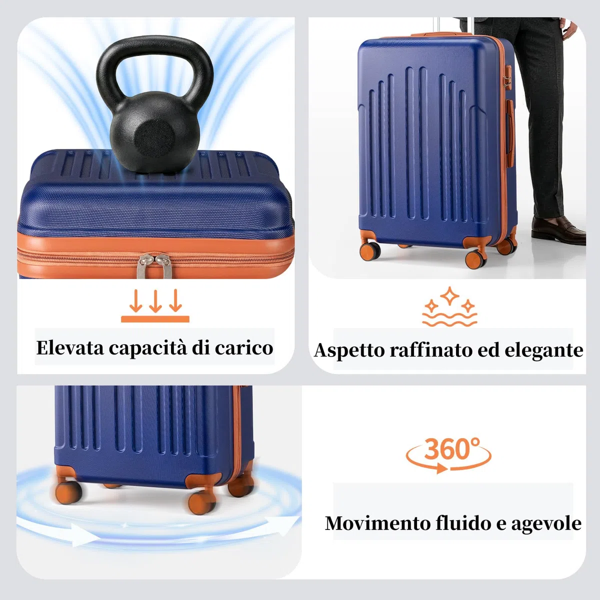 LEADZM Set di Valigie Rigide 4 Pezzi con Beauty Case, Set Valigie in ABS, Luggage Suitcase Grande 23 kg con 4 Ruote Girevoli Doppie (Blu Navy-Marrone)