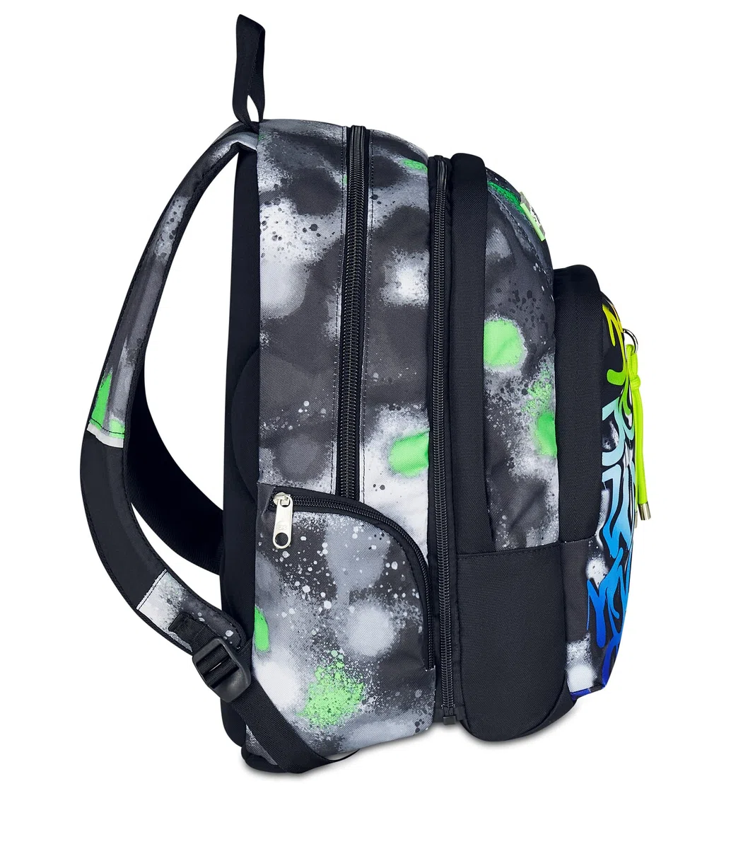 Seven Zaino Scuola Dual Detach SPRINT PAINT BOY, Nero Verde, Doppio Scomparto da 32 L, Con Tasca PC, Tasca Borraccia, Tasca Con Organizer e Scomparto Staccabile, Scuola Media e Superiore
