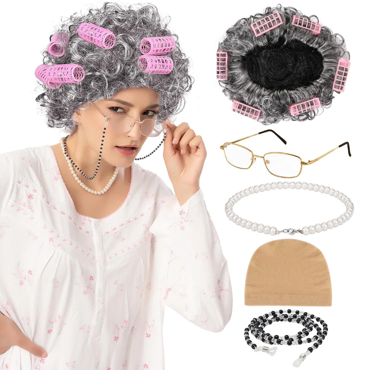 XEPST Granny Vecchia Signora Accessorio Parrucca Cosplay con Parrucca Grigia Bigodino, Occhiali Nonna, Occhiali Catena, Gioielli di Perle, Costume Set Cosplay per Carnevale