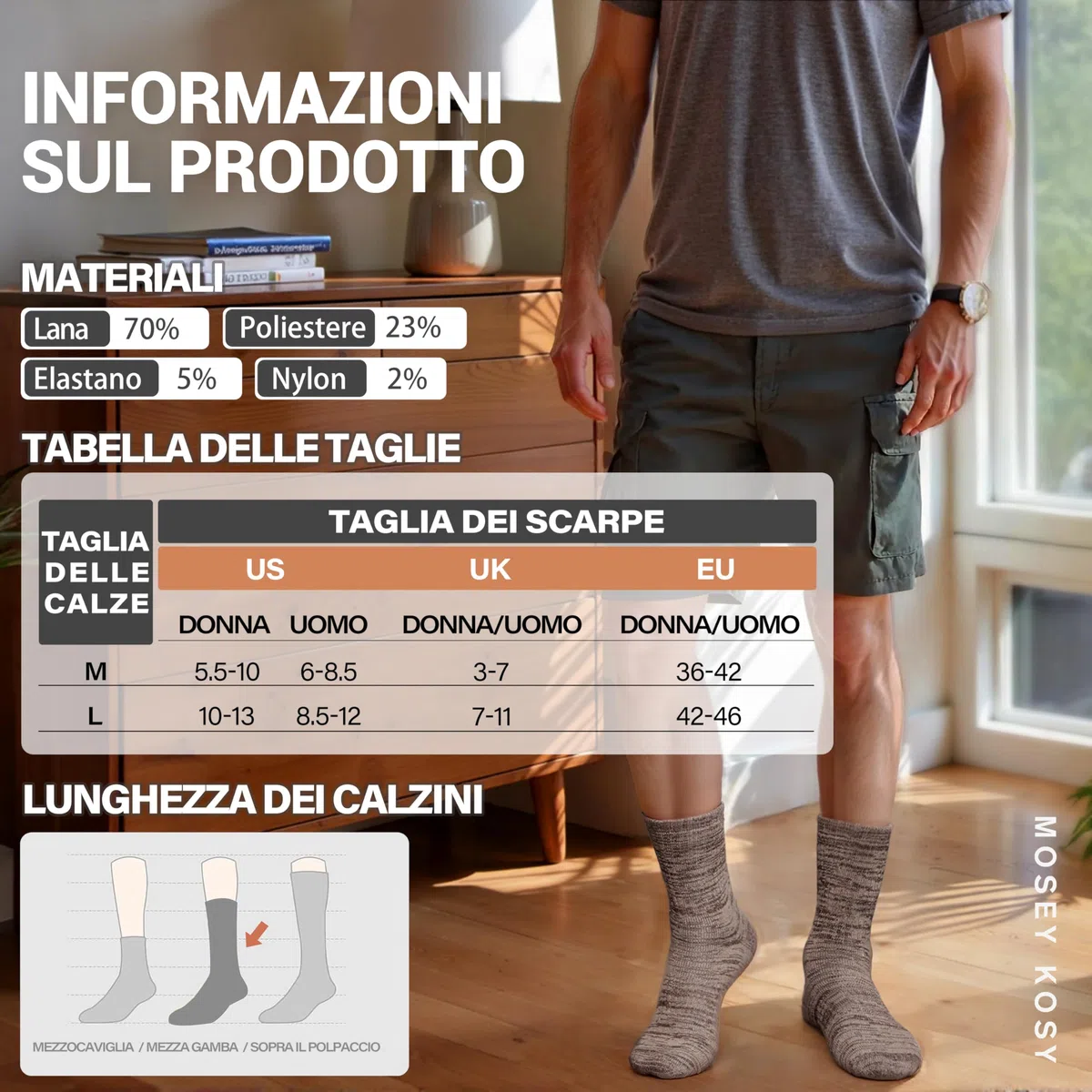 MOSEY KOSY 4 Paia Merino Wool Calze da Camminata Escursionismo Boot Termiche Extra Spesse Calde Inverno Comode Crew Morbide Imbottite Lavoro Donna Uomo