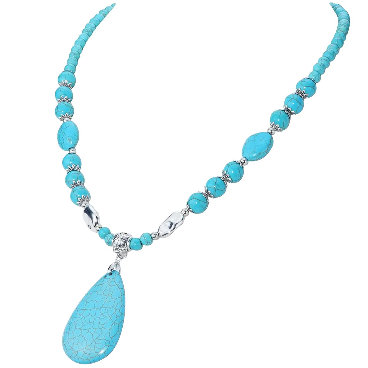 Turquoise Gemstone Pendant Necklace Long Bohemian Beaded Necklace for Women