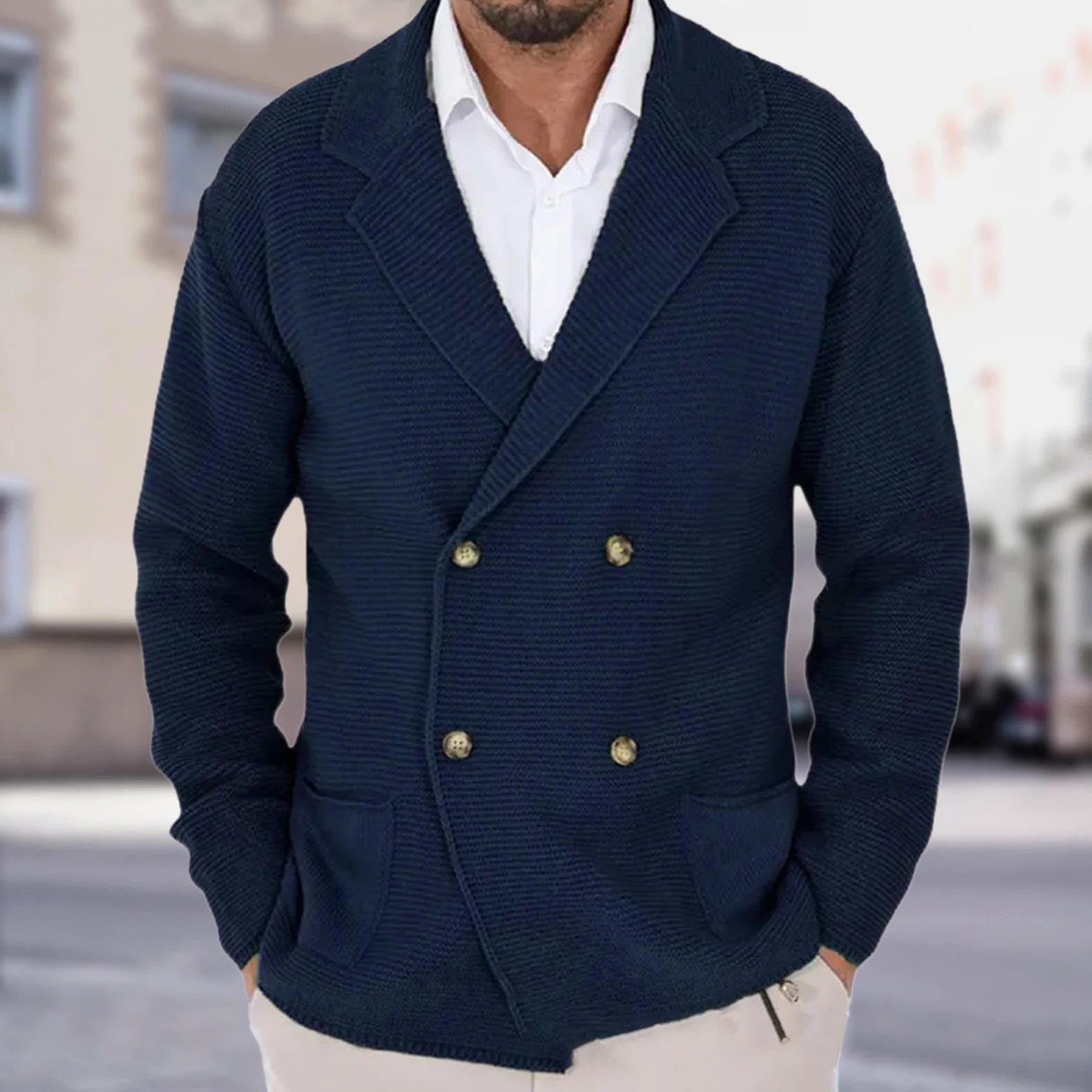 Generisch Maglione da uomo con risvolto doppiopetto, tinta unita, comodo, con tasche, vestibilità rilassata, cardigan, comodo, caldo, invernale