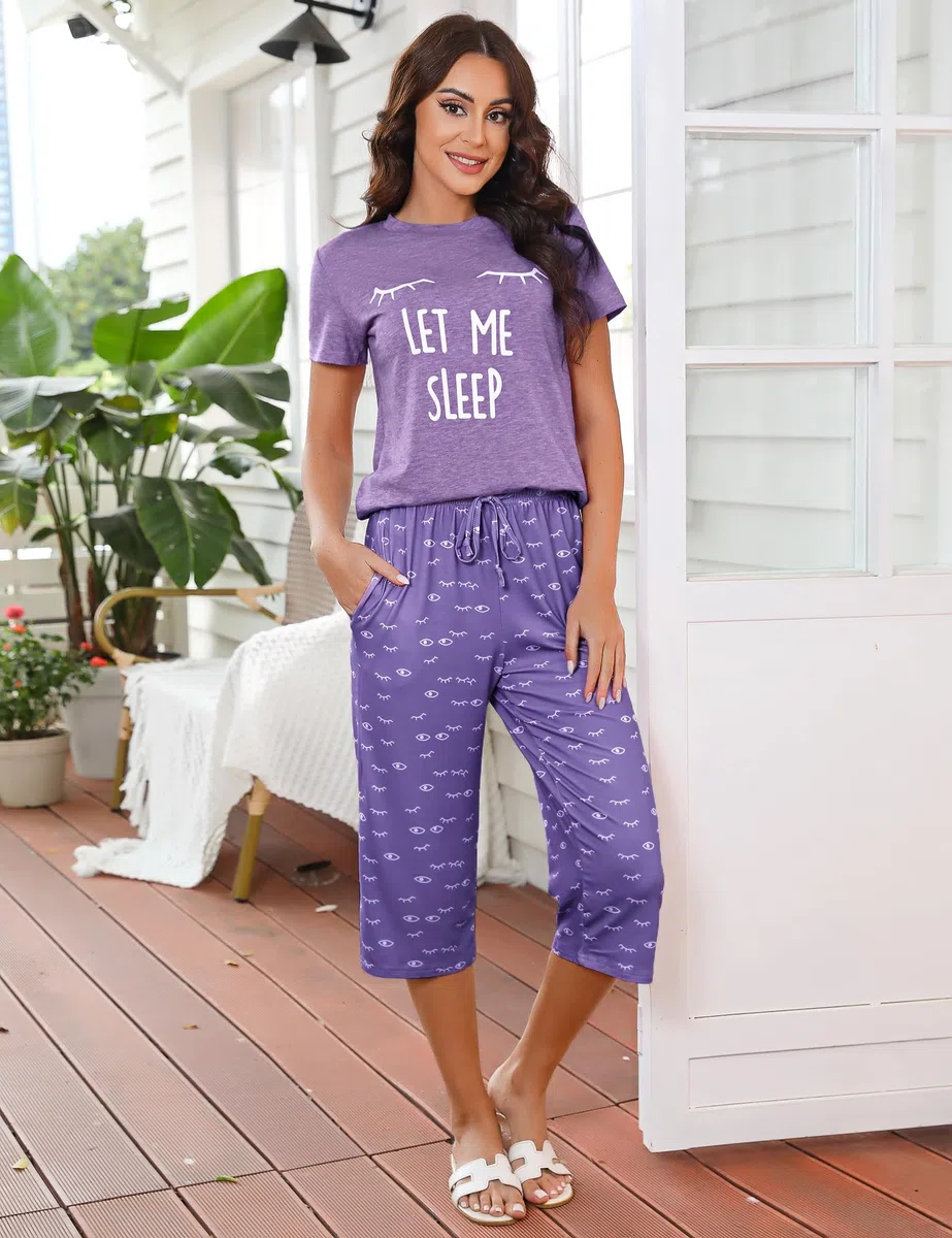 Uniexcosm Pigiama Donna Cotone Estivo Pigiama da Donna Girocollo Set da Donna con Pantaloni Corti Stampati a 3/4