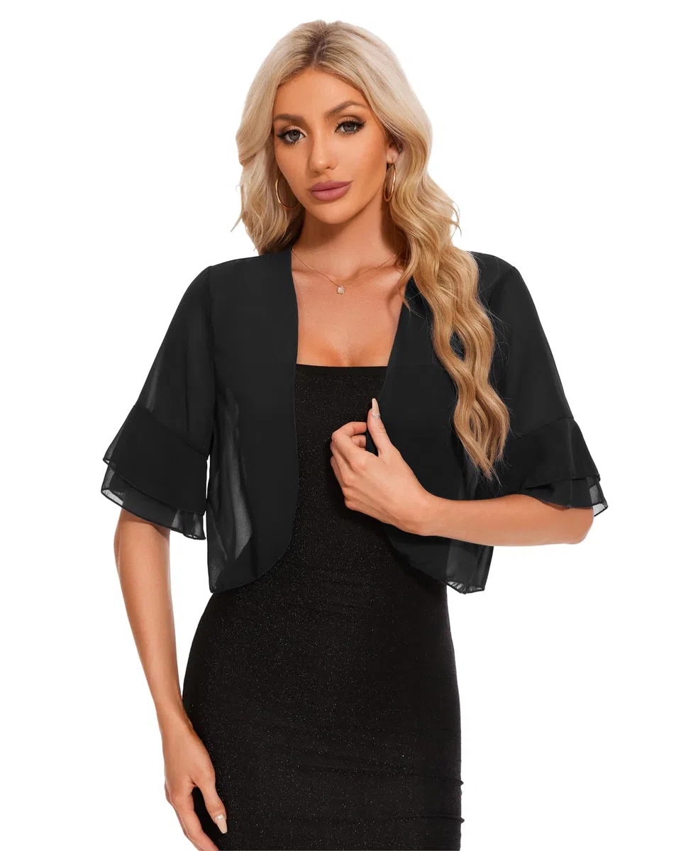 Coprispalle Donna Chiffon Bolero Elegante Estivo Corta Maniche per Abito da Sera Cardigan Corto Leggero Moda Giacca Corta Aperta Shrug Casual