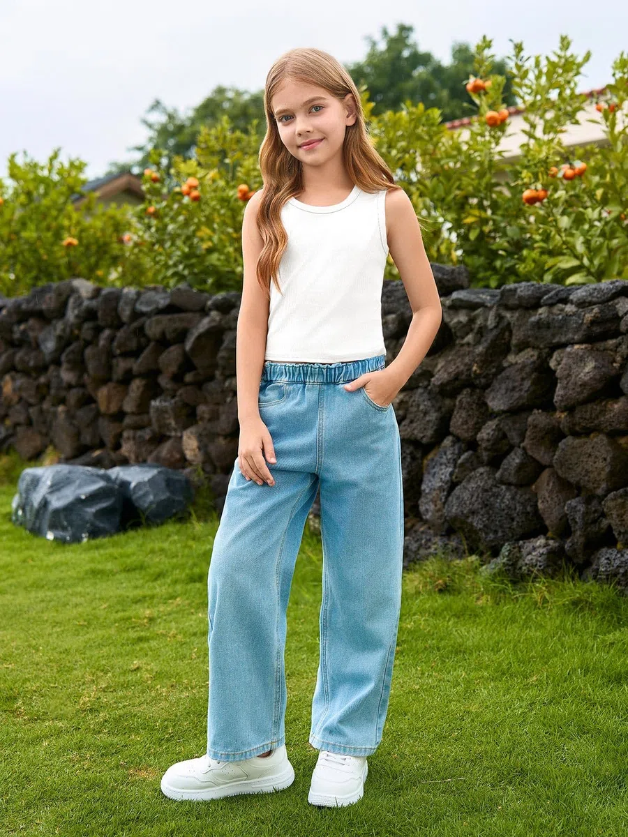 Haloumoning Canottiera da bambina per bambini, a costine, senza maniche, crop top basic 5-14 anni