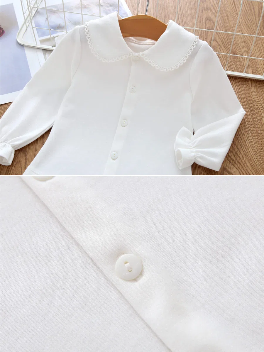 Bebè Bambino Bambina Ragazze Maglia a Maniche Lunghe in Cotone Colletto Peter Pan Chiusura con Bottoni Elastico Magliette Camicette per 0-2 Anni - Tinta Unita Bianco Taglia 56/62/68/74/80/86/92 0-24M