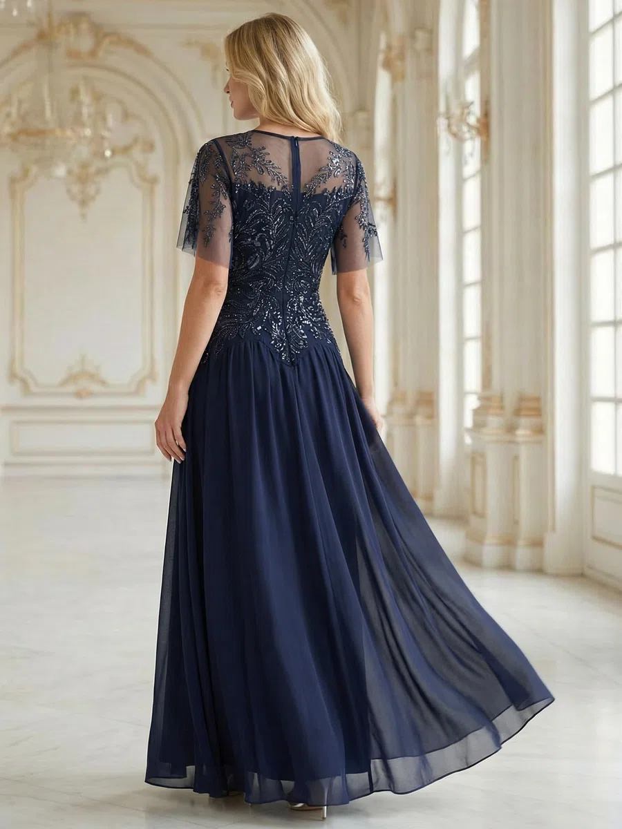 Ever-Pretty Abito Cerimonia Donna Collo Rotondo Maniche Corte Paillente Maxi Gonna Svasata EE02675