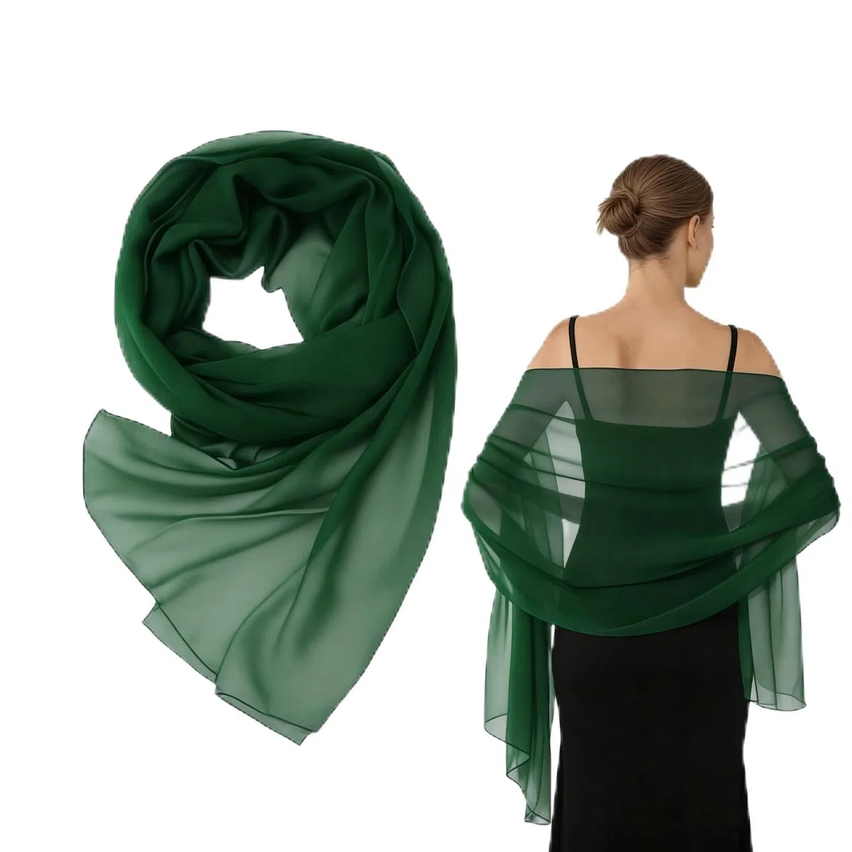Sciarpa in Chiffon Verde Scuro per Donna, Stola Elegante Cerimonia e Casual, 200 x 70 cm