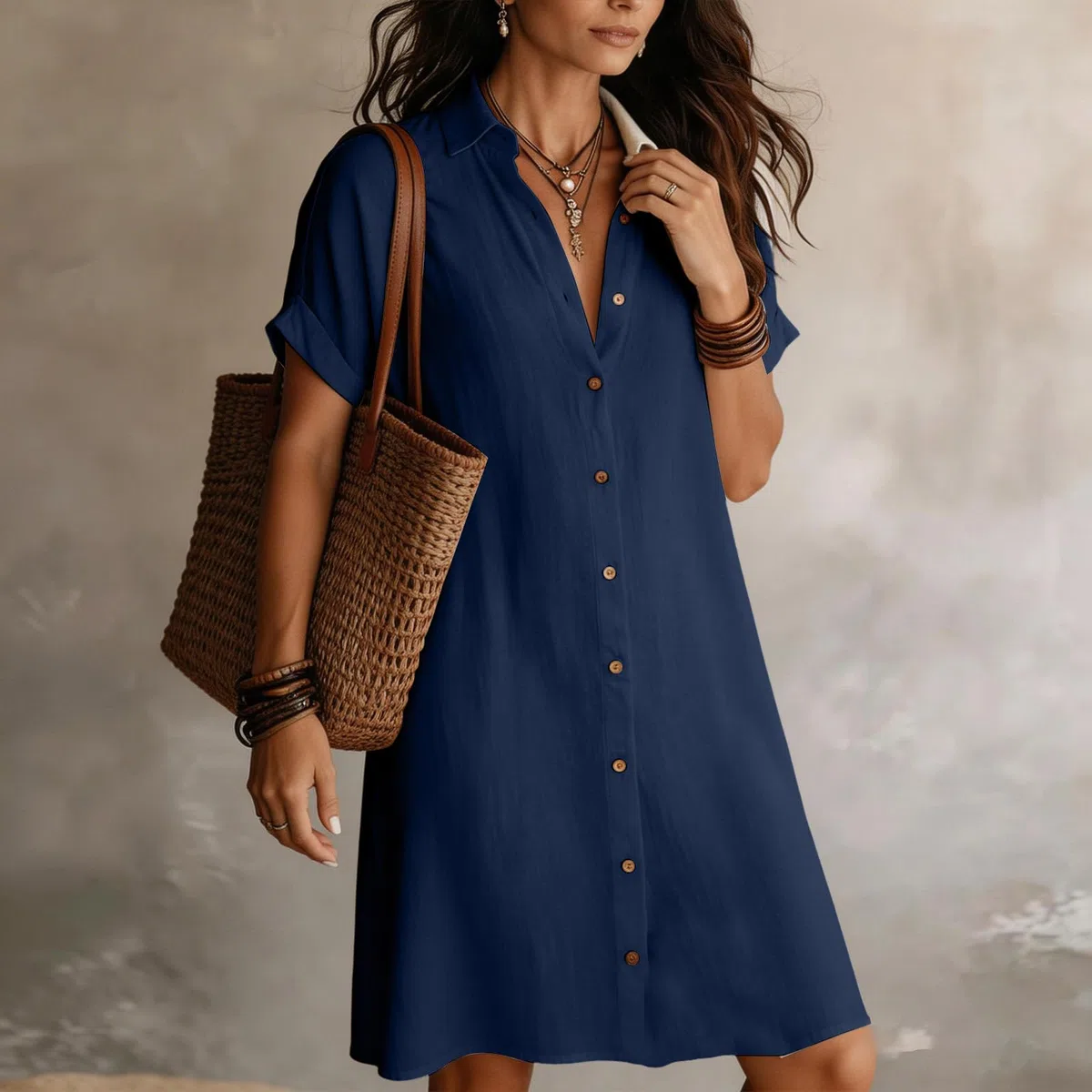 Abito Estivi da Donne A Maniche Corte in Tinta Unita Camicetta con Bottoni Abiti Camicia Leggero E Arioso Abiti T-Shirt Casual Abiti da Spiaggia Boho Ampio Prendisole Leggero