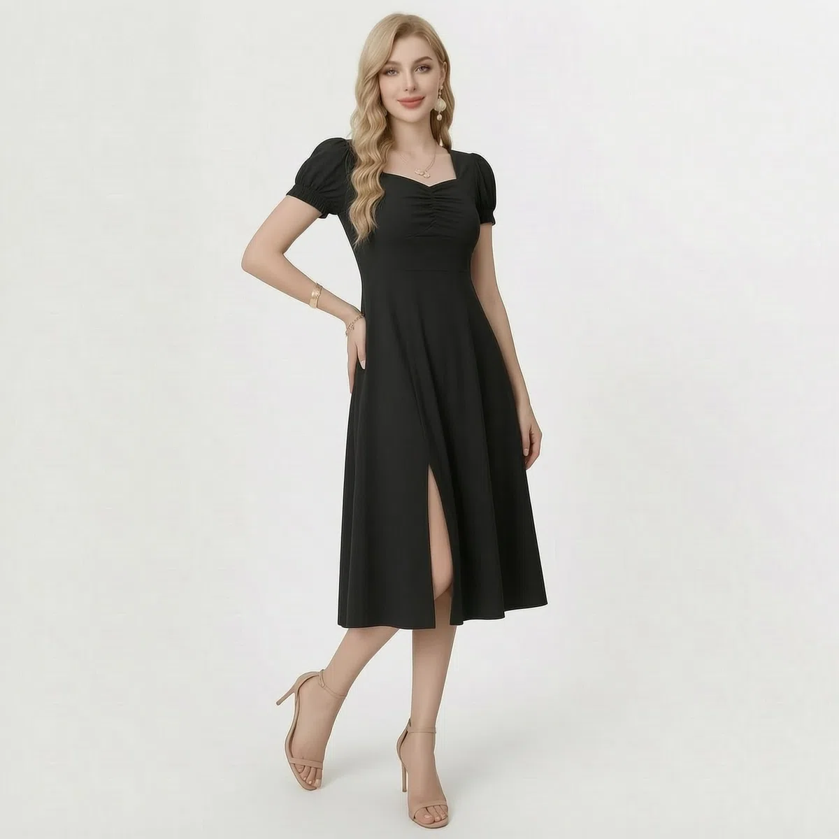 Vestiti Donna Estivi Eleganti Leggeri Manica Corta Vita Alta Abito Midi A Line con Scollo Quadrato e Spacco Laterale