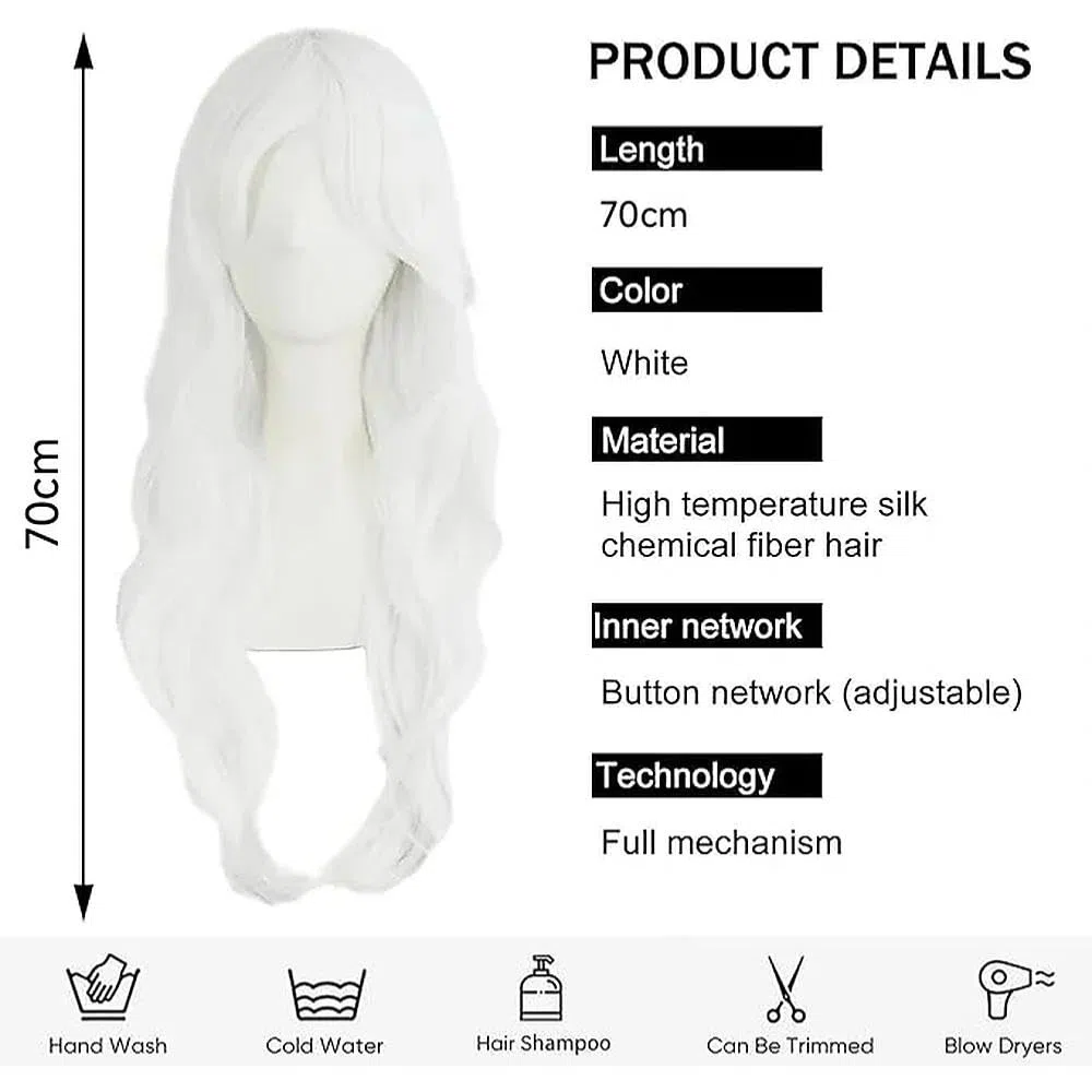 70cm/ 28 Pollice Parrucca Lunga per Donna, Lungo Ricci Parrucche a Onde, Capelli Lunghi per Carnevale, Cosplay, Costume Anime, Bianco