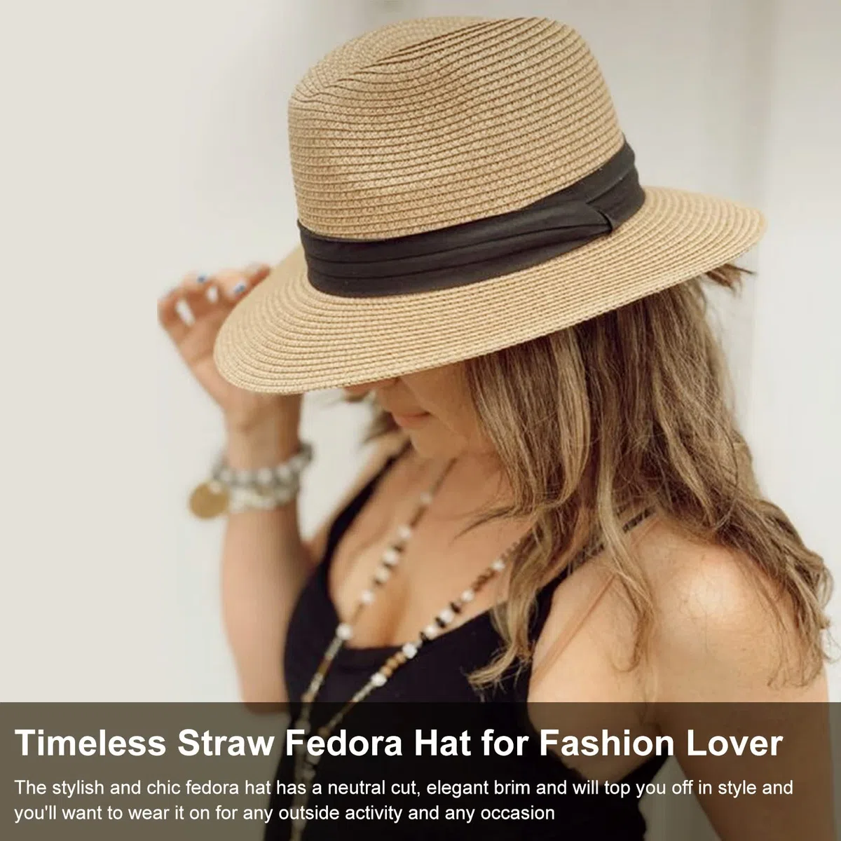 DRESHOW Donna Cappello Panama Cappello da Spiaggia in Paglia Fedora Cappello Arrotolato in Paglia a Tesa Larga Cappelli Panama UPF 50+