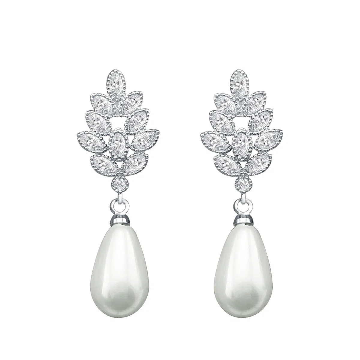 Orecchini da donna a forma di foglia con zirconia cubica e perle finte, pendenti, da sposa, senza foro, gioiello da donna, 1.2 cm x 3.5 cm, Zirconia cubica, Perla