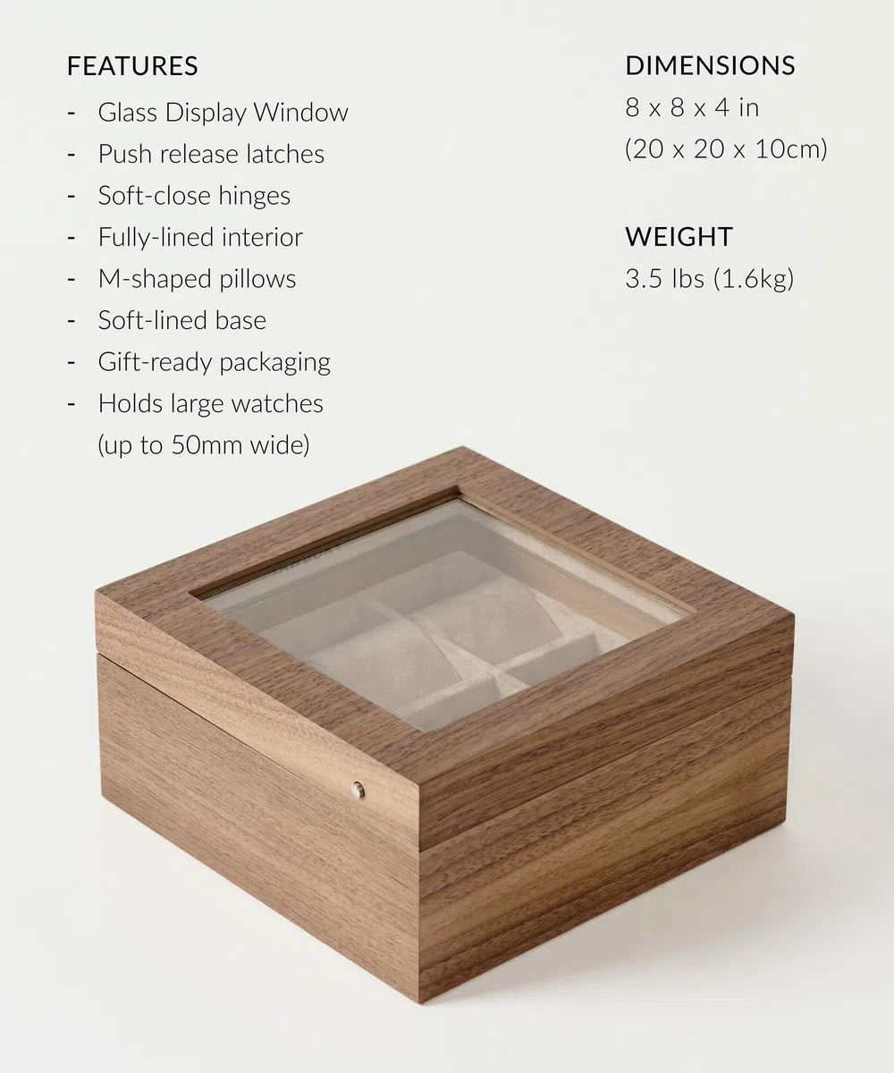 TAWBURY Custodia per orologi in legno, con 6 scomparti, per uomini e donne, con display in vetro, interno protettivo completamente foderato e cuscini larghi 5 cm per orologi piccoli e grandi (noce