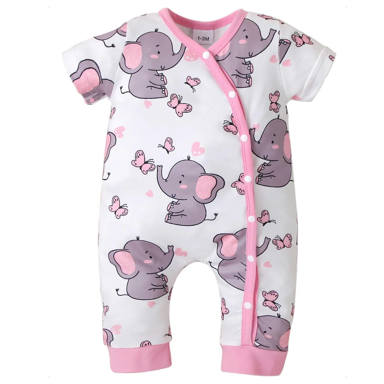 Pagliaccetto Neonata Estivo, Manica Corta Body Bambina Tutina Stampa Elefante e Farfalla con Bottoncini per Bambina 0-12 Mesi, Rosa