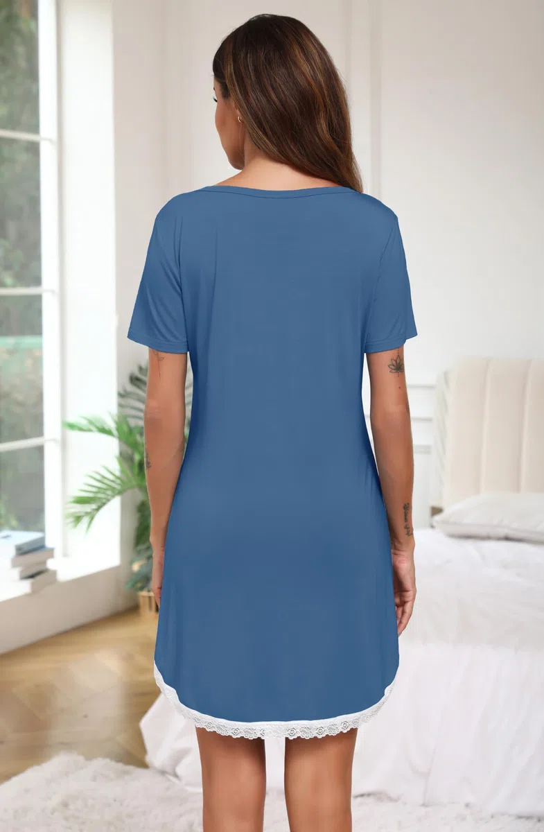 Vlazom Camicia da Notte da Donna Estivo Morbido Traspirante Scollo V Bottoni Maniche Corte Pigiama Pizzo Pigiama