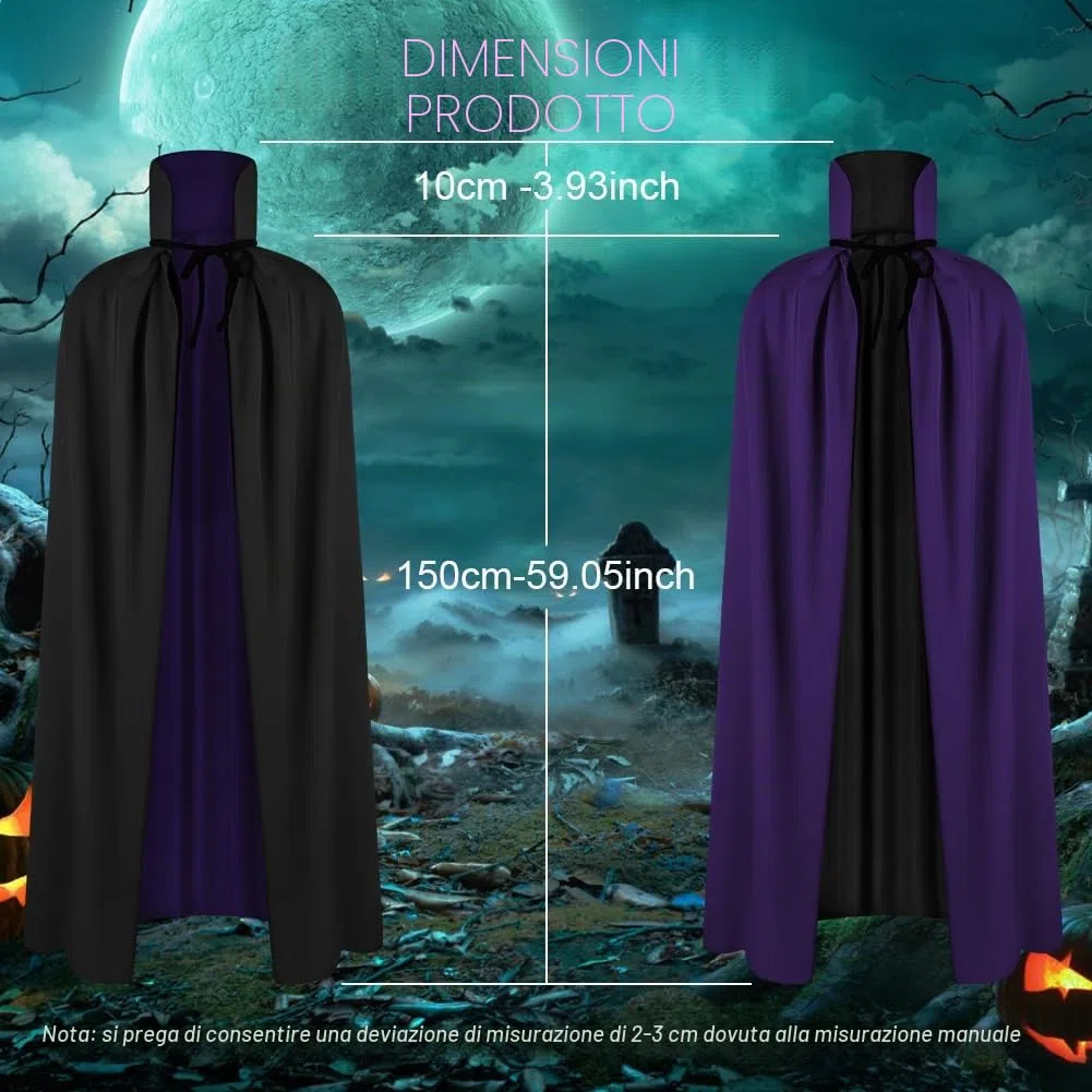 AOOWU Mantello a doppio strato per Halloween, costume da vampiro, unisex, mantello da strega, cosplay, mantello a lunghezza intera, per feste in famiglia, 150 cm
