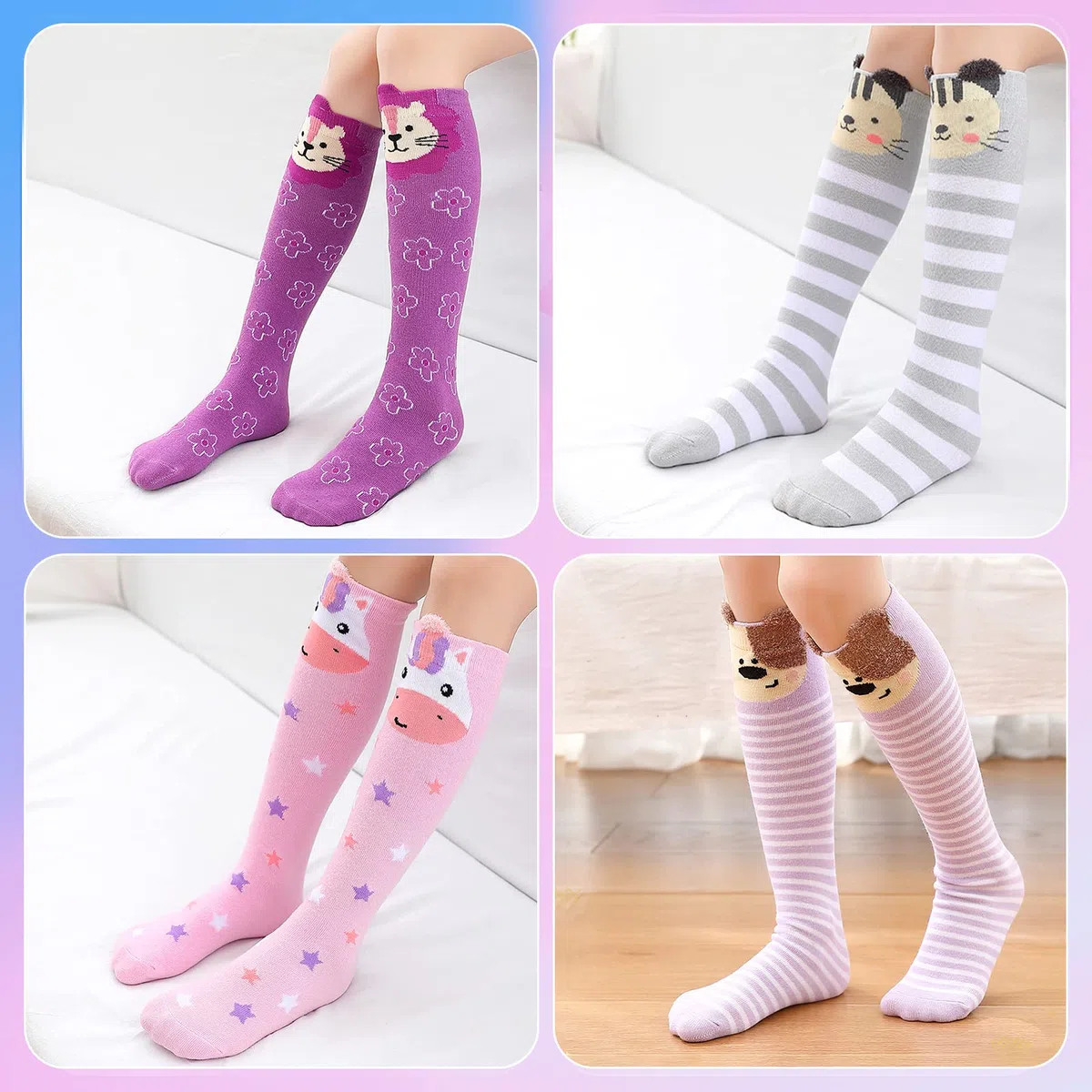 PHOGARY Calzettoni Lunghi per Bambina, 6 Calzetti Carinissimi Animali, Elasticizzato Cotone, 42 cm per 3-12 Anni Ragazze