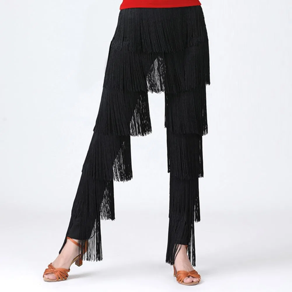 DAIHAN Donne Pantaloni da Sala da Ballo Professionali Latino Nappa Multistrato Pantaloni da Danza del Ventre con Frange per Allenamento Costume da Pratica