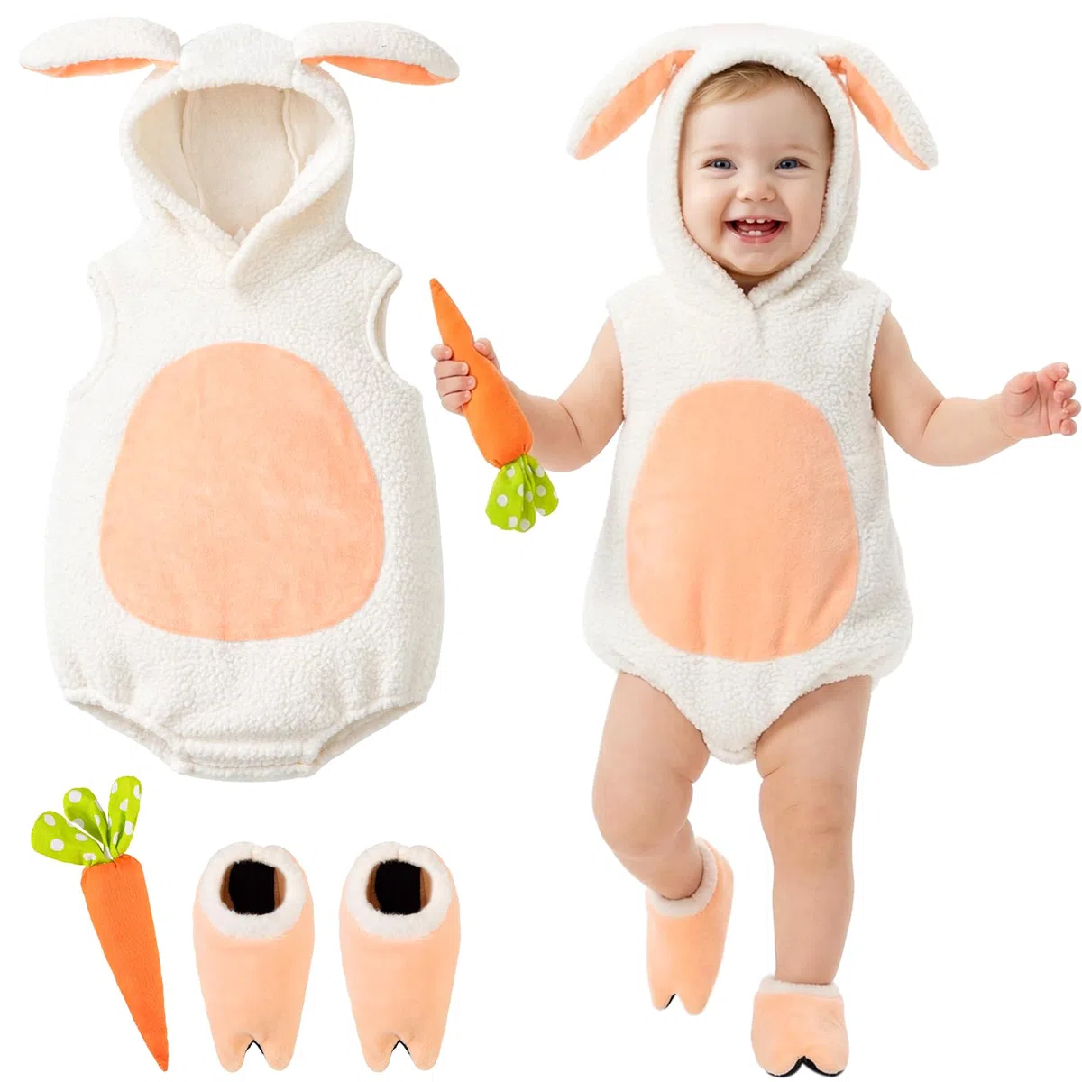 Costume Coniglio Tutine Neonato Bambina Bambino Flanella Pagliaccetto Cappello Giocattolo a Forma di Carota Costume Halloween Pasqua Animale Cosplay 0-18mesi