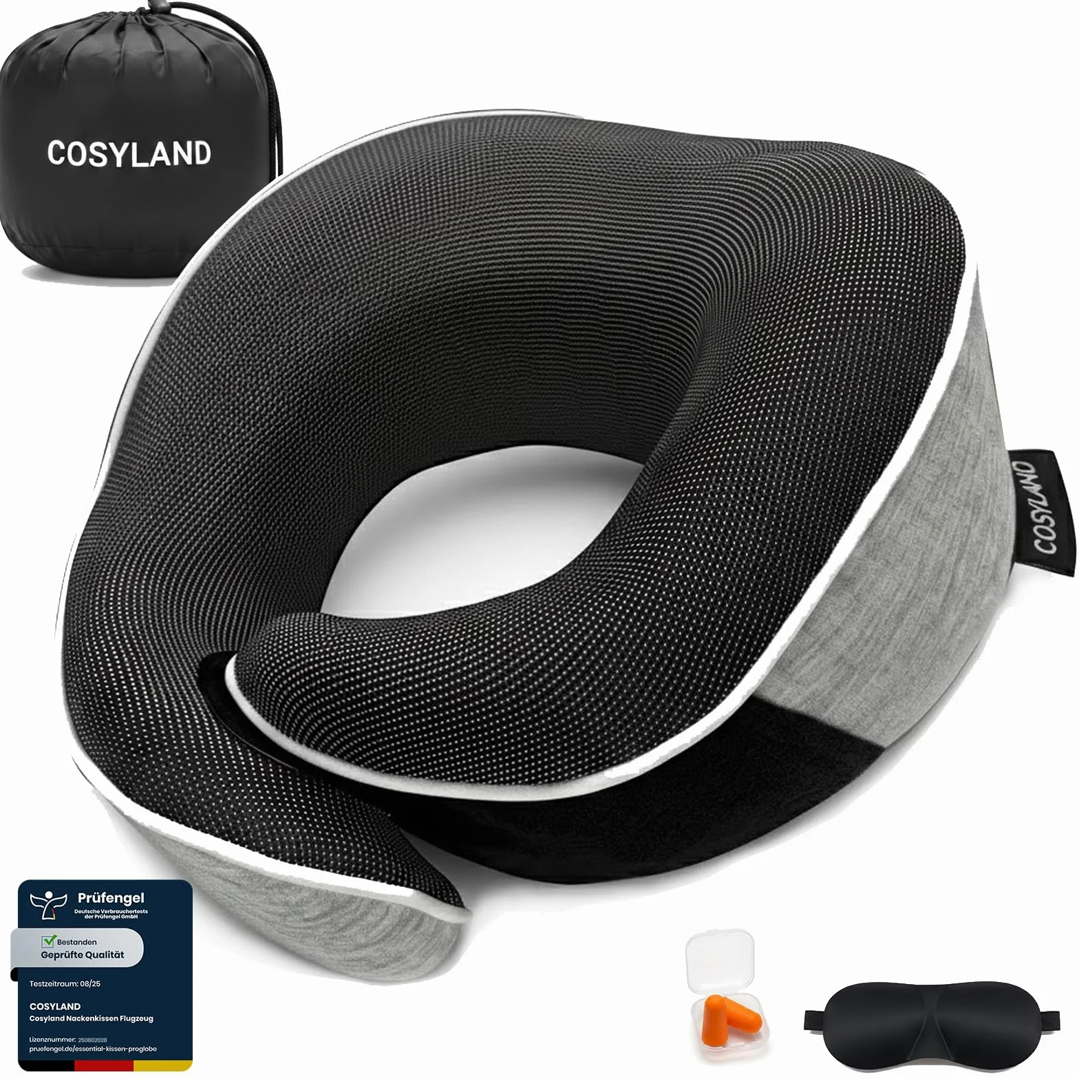 COSYLAND Cuscino da Viaggio in Memory Foam - Cuscino Aereo Ergonomico con Supporto Cervicale a 360°, Design a Schiena Piatta, Regolabile e Compatto per Dormire in Aereo, Auto, Treno