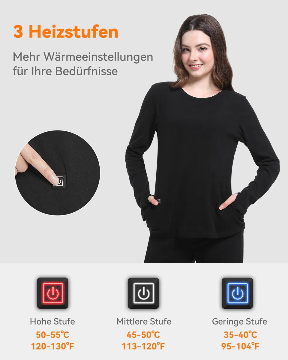 FERNIDA Maglia termica da donna, riscaldata, a maniche lunghe, con batteria da 10000 mAh, con strato termico, per jogging, sci, ciclismo, pesca, moto