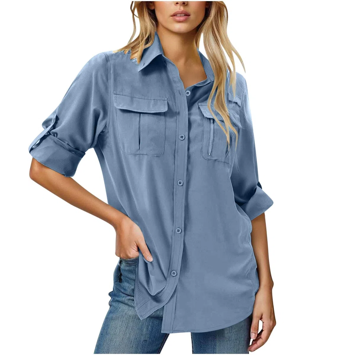 Generico Camicie Donna a Maniche Lunghe UPF 50 Protezione UV, Modello Safari Anti-Sole Leggero, Quick Dry per Pesca, Hiking e Viaggi All'Aperto