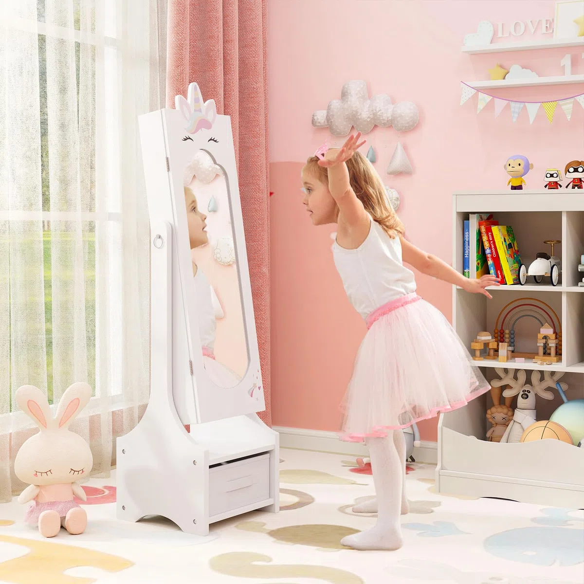 GYMAX Armadio per Gioielli per Bambini con Specchio a Figura Intera e Cassetto, 2 Angoli di Inclinazione Regolabili, Armadio per Gioielli da Principessa per Cameretta, 31,5 x 30 x 115 cm (Bianco)