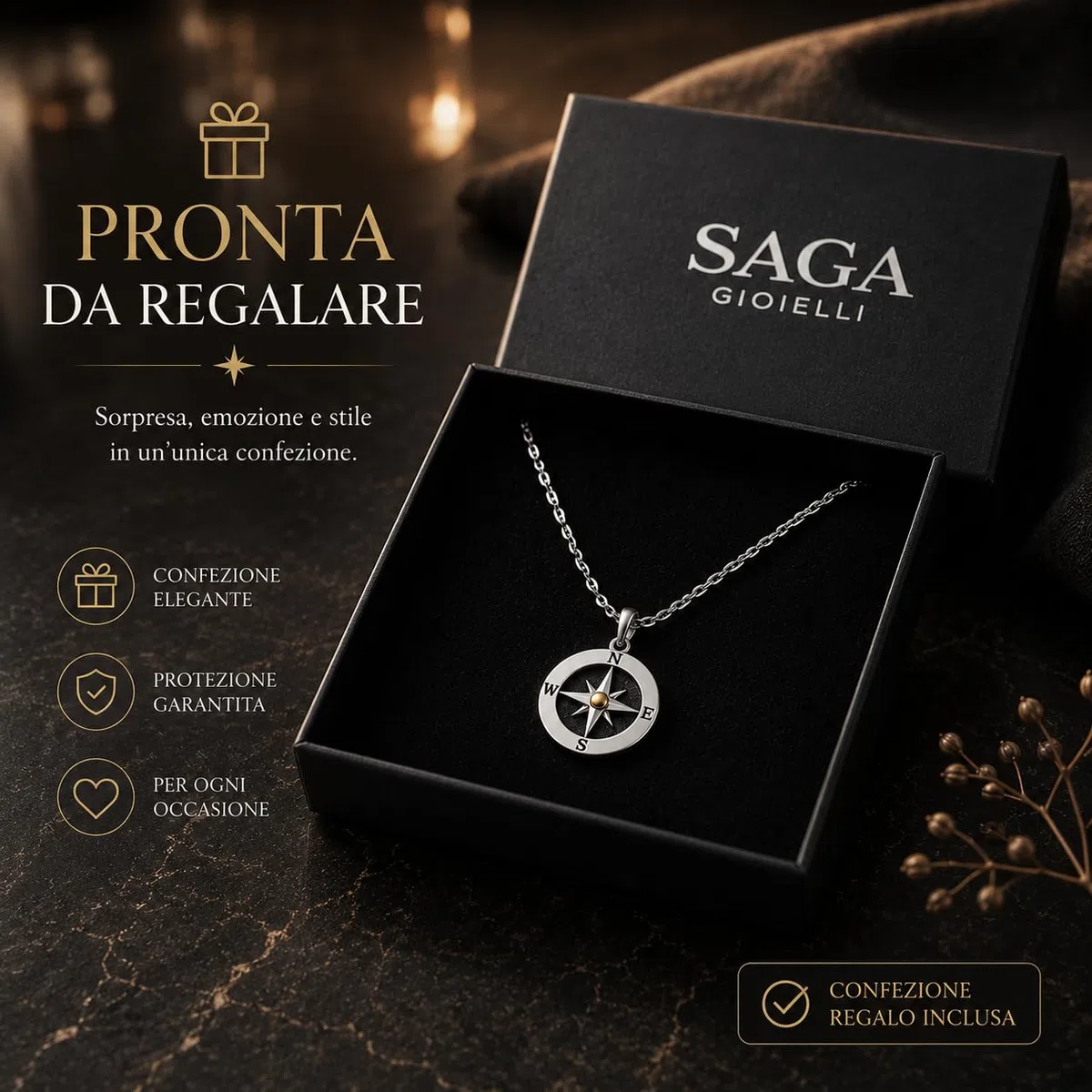 SAGA GIOIELLI Collana Uomo Rosa Dei Venti Acciaio Punto Dorato Festa Del Papà Cofezione Regalo
