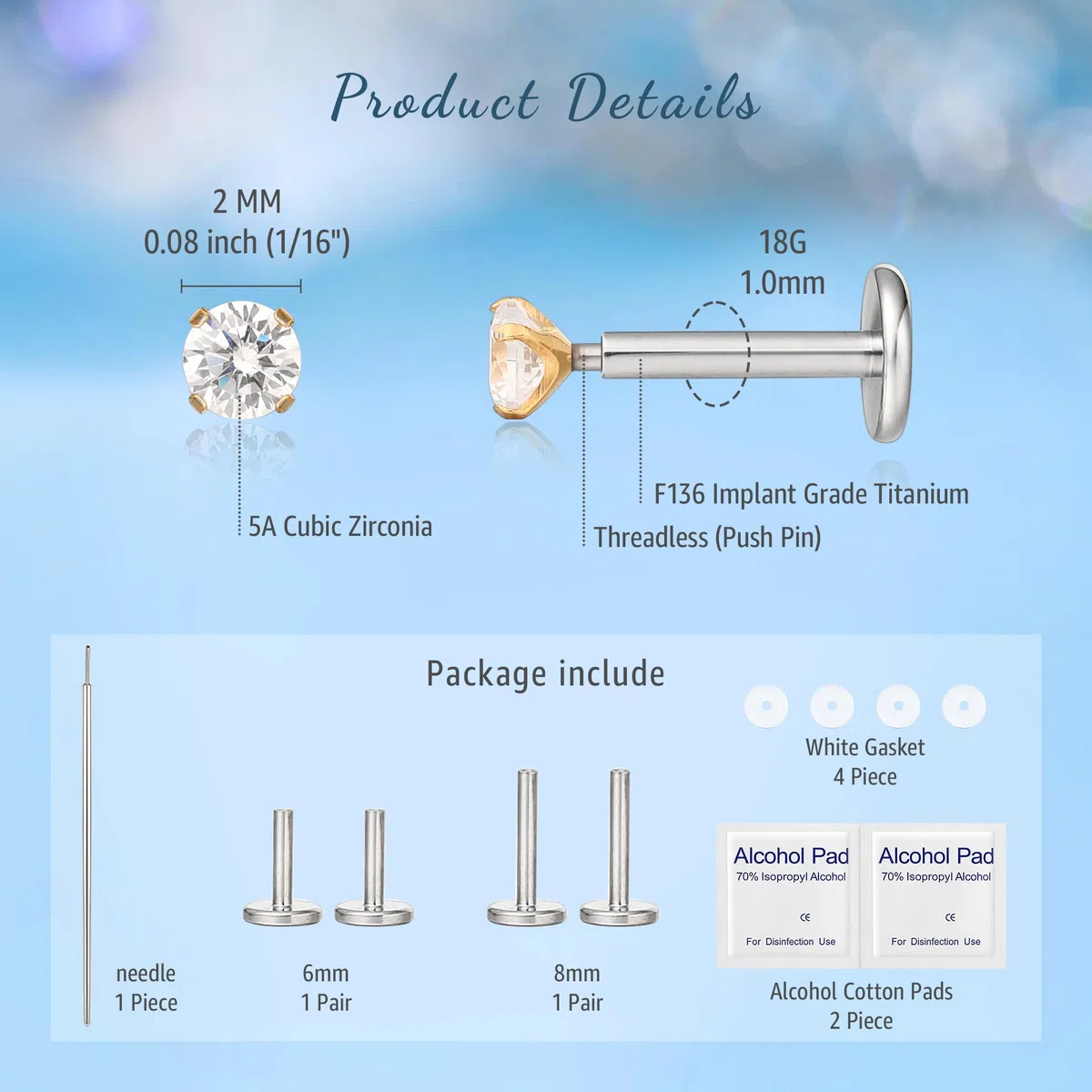 limerencia 18G Titanio Tragus Piercing, 2 Pezzi Medico Labbro Piercing Labret Plug Press Fit Senza Fili Ipoallergenico Helix Piercing Orecchio per Lingua Sopracciglio Labbro Septum Naso Piercing