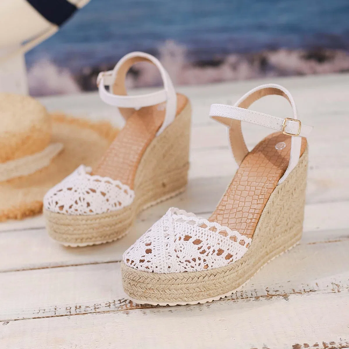 Sandali da donna, estivi, espadrillas, con zeppe, piattaforma, scarpe a punta chiusa, in pizzo, comodità, cinturino alla caviglia, vintage per vacanze, tacco chiuso e sandali da donna