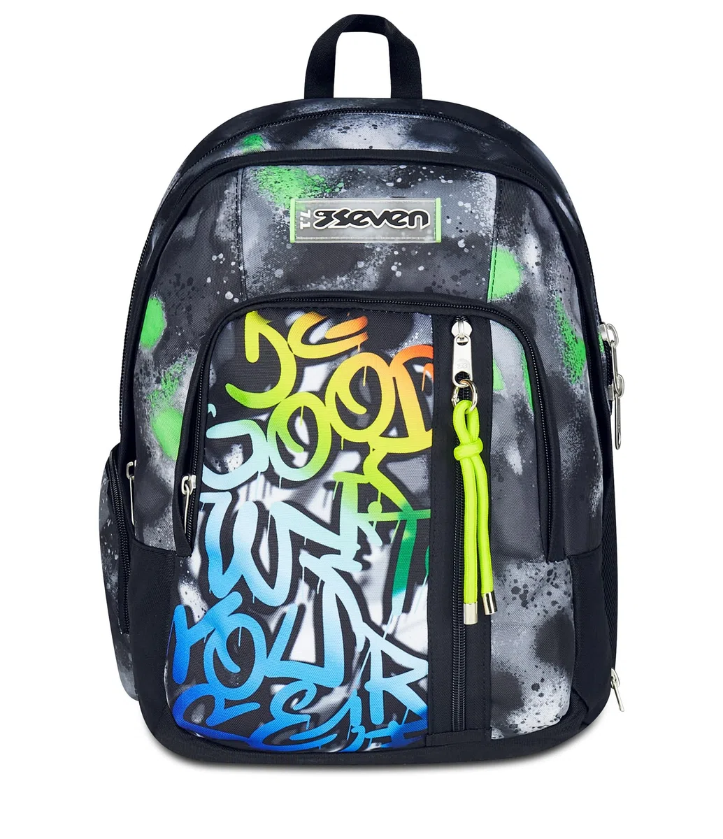 Seven Zaino Scuola Dual Detach SPRINT PAINT BOY, Nero Verde, Doppio Scomparto da 32 L, Con Tasca PC, Tasca Borraccia, Tasca Con Organizer e Scomparto Staccabile, Scuola Media e Superiore