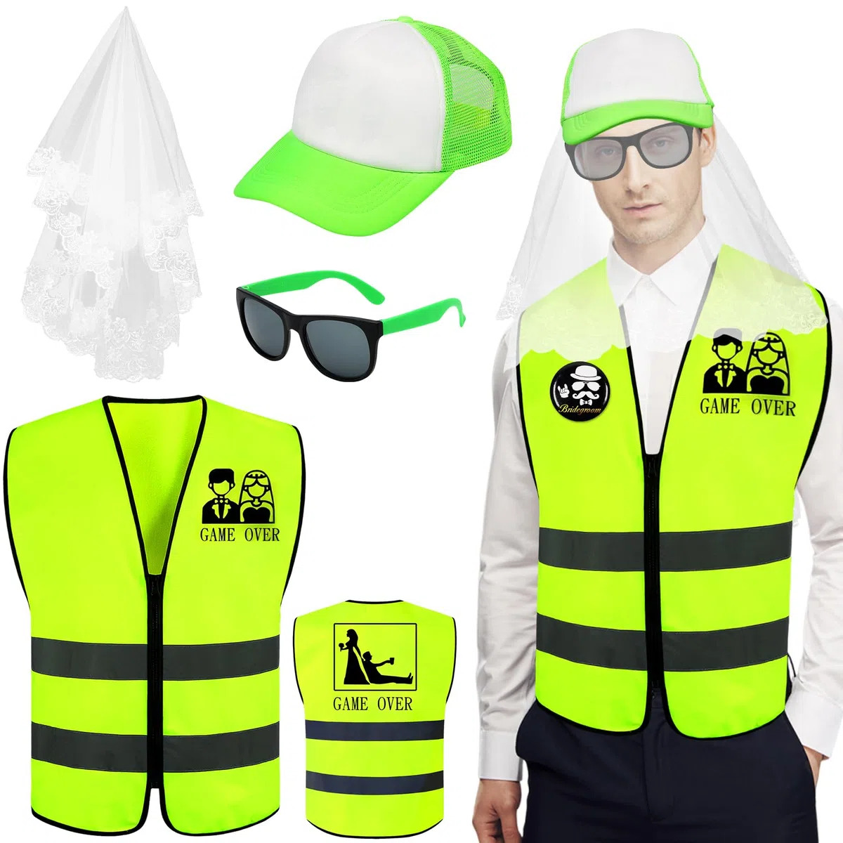 JGA Costume da Uomo per Addio al Celibato con Cappello, Gilet, Occhiali e Distintivi, Divertente Gilet Riflettente, Addio Celibato Gadget Sposo per Festa, Regali Creativi