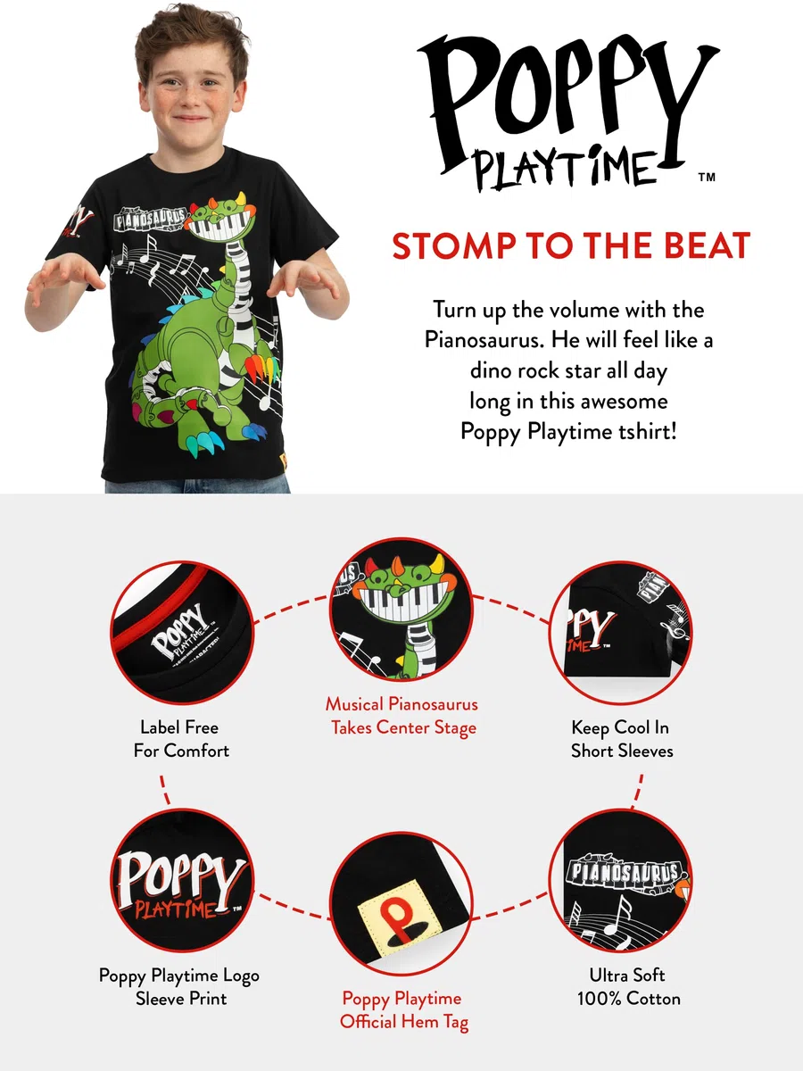 Poppy Playtime Maglietta Ragazzo, Tshirt Bambino Pianosaurus, T Shirt Bambino Cotone, Abbigliamento Bambini Gamer