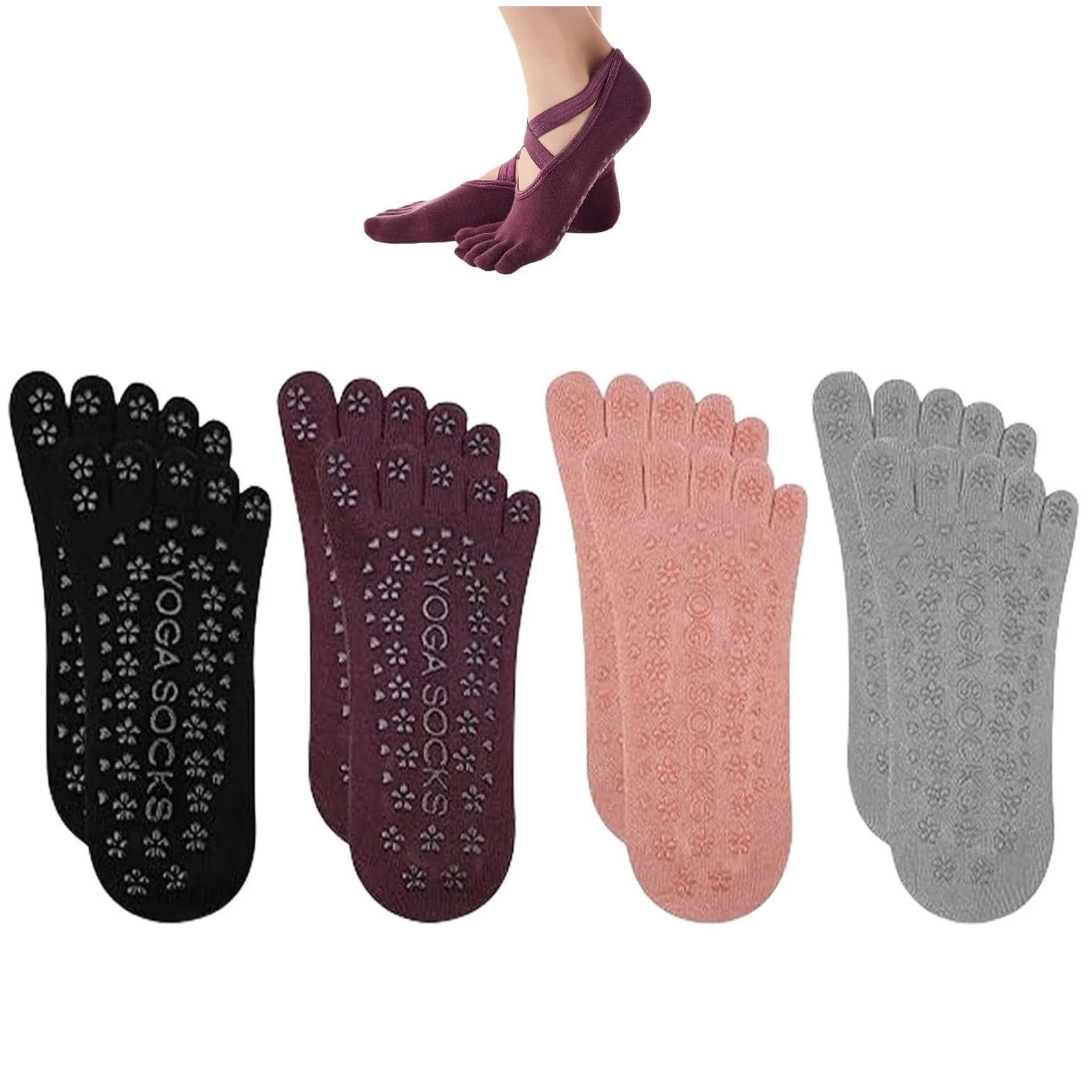 flintronic 4 Paia Calze Antiscivolo Donna, Calzini Antiscivolo per Pilates con Cinturini, Calzini in Cotone con Cinque Dita, Adatti per Yoga Pilates Barre Danza Fitness