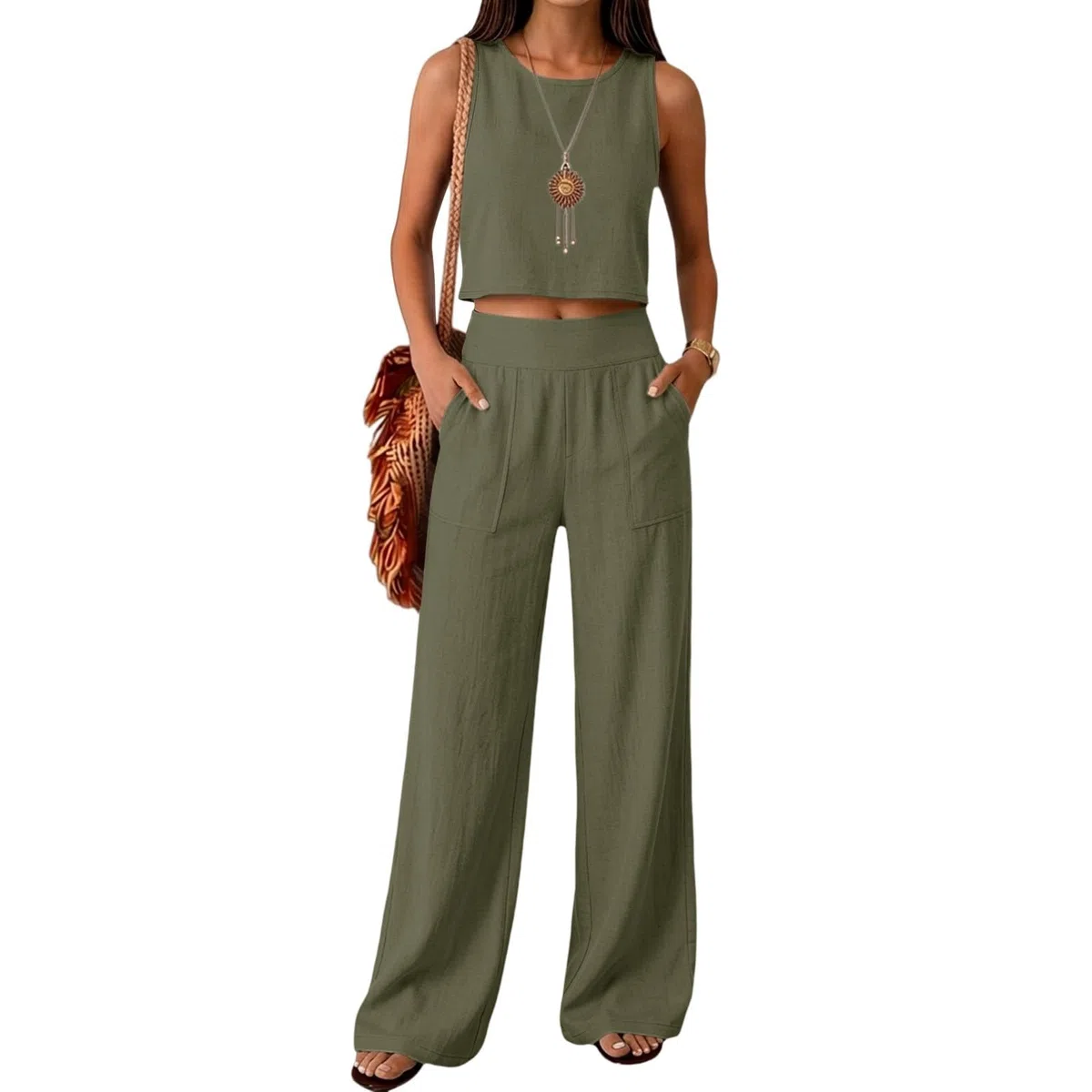 Completo Estivo Donna Lino Tailleur Donna Estiva Senza Maniche Girocollo Tuta Completa Lino e Cotone Completi Estivi Set Casual Relax Corte Top e Pantaloni Estivi da Casa Ideale Per le Vacanza