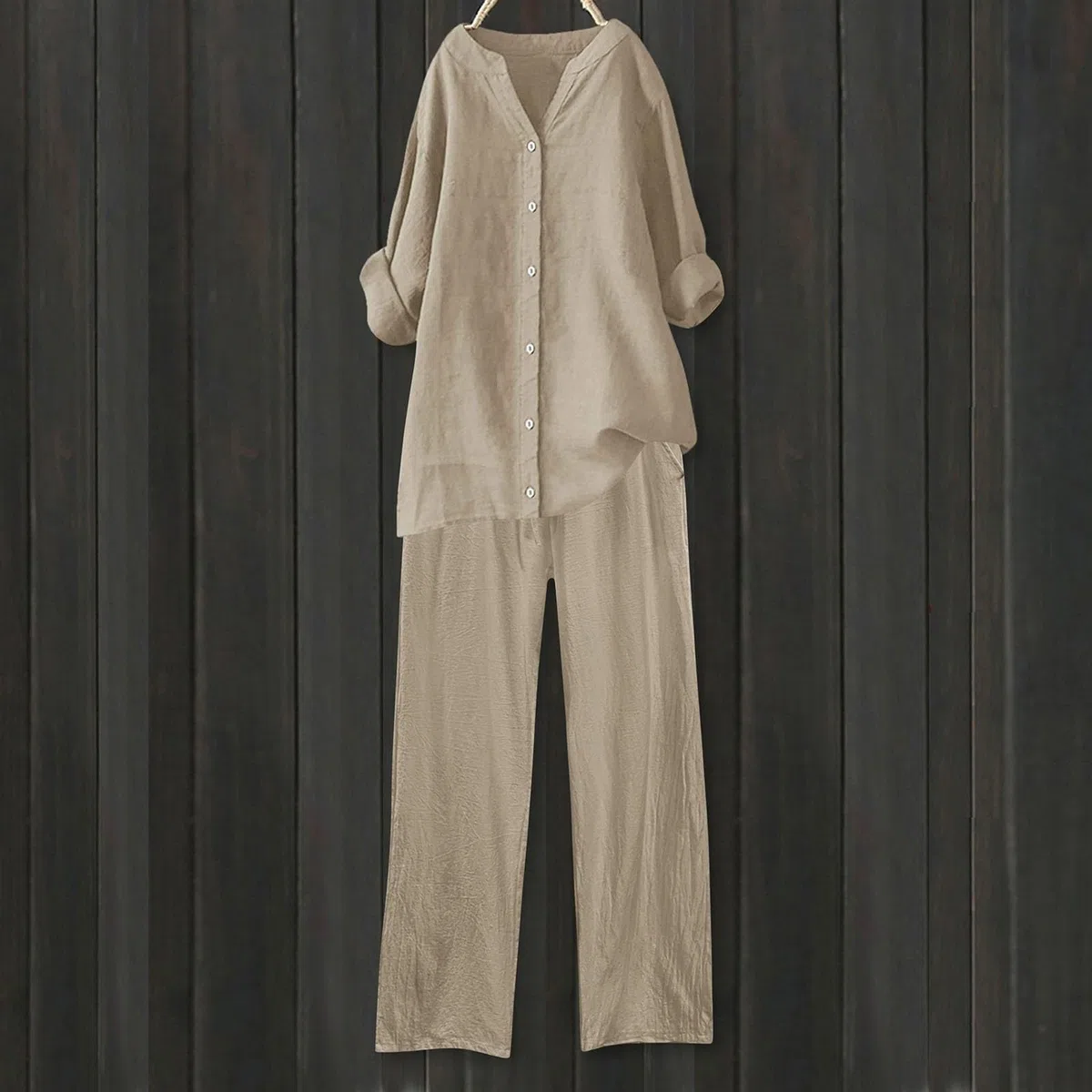Tuta Lino Donna Estiva Elegante Coordinato Larghi Camicia + Pantaloni Leggera Cotone E Lino Estivo Tute Da Ginnastica Primavera Curvy Set Due Pezzi Maniche 3/4 Jogging Traspirante Set Spiaggia