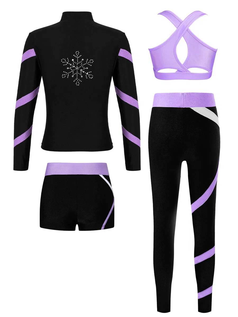 Tute da Pattinaggio in Pile Bambina Completo Invernale Termico Giacca + Reggiseno+ Pantaloni + Pantaloncini Abbigliamento da Pattinaggio su Ghiaccio Viola 11-12 anni