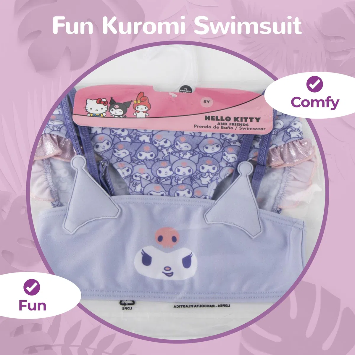 Kuromi - Costume da bagno a 2 pezzi da bambina - Dettagli volant e spalline regolabili - leggero e ad asciugatura rapida