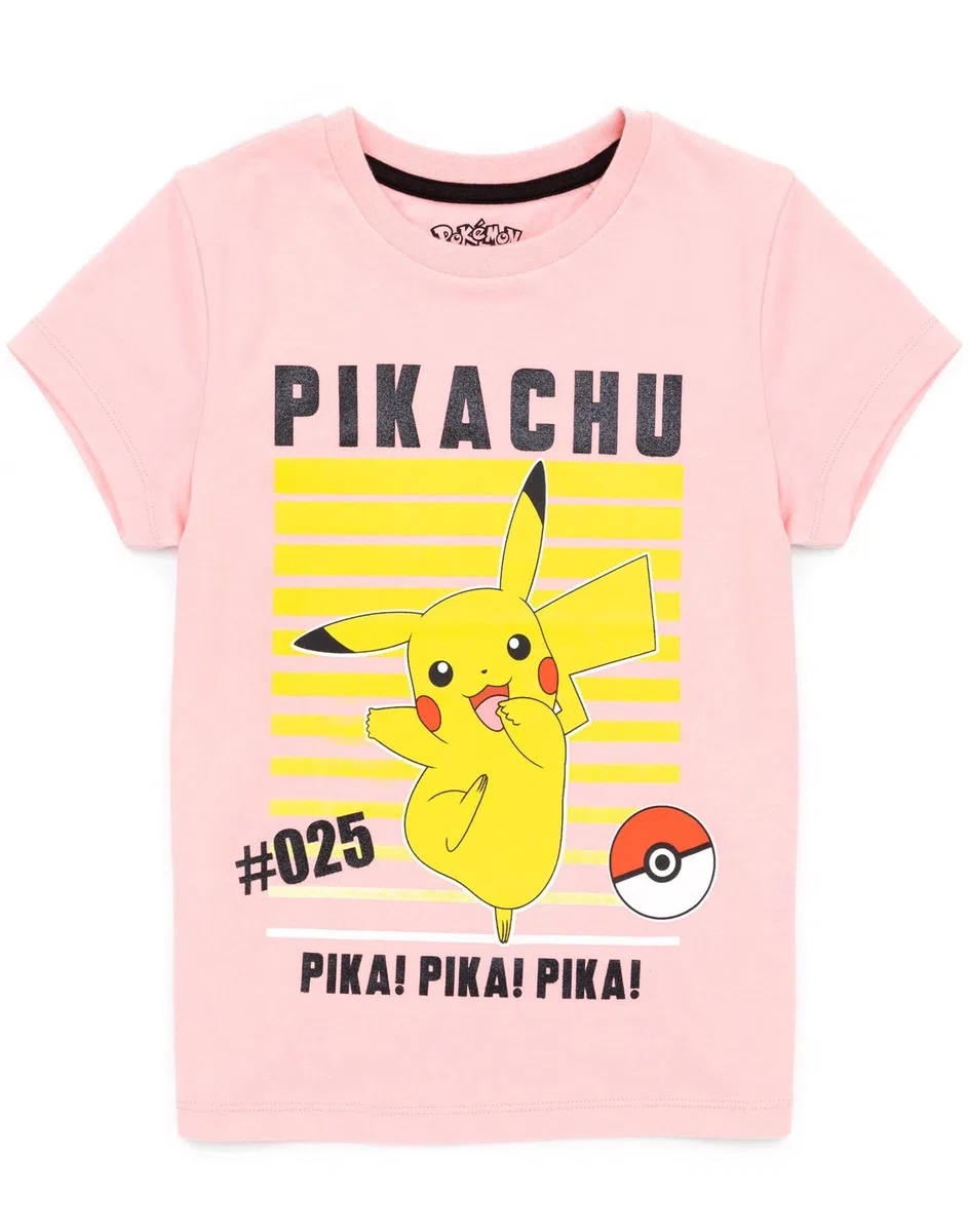 Pokemon T-Shirt Girls Kids Pikachu Carattery Game Manica Corta Pink Top