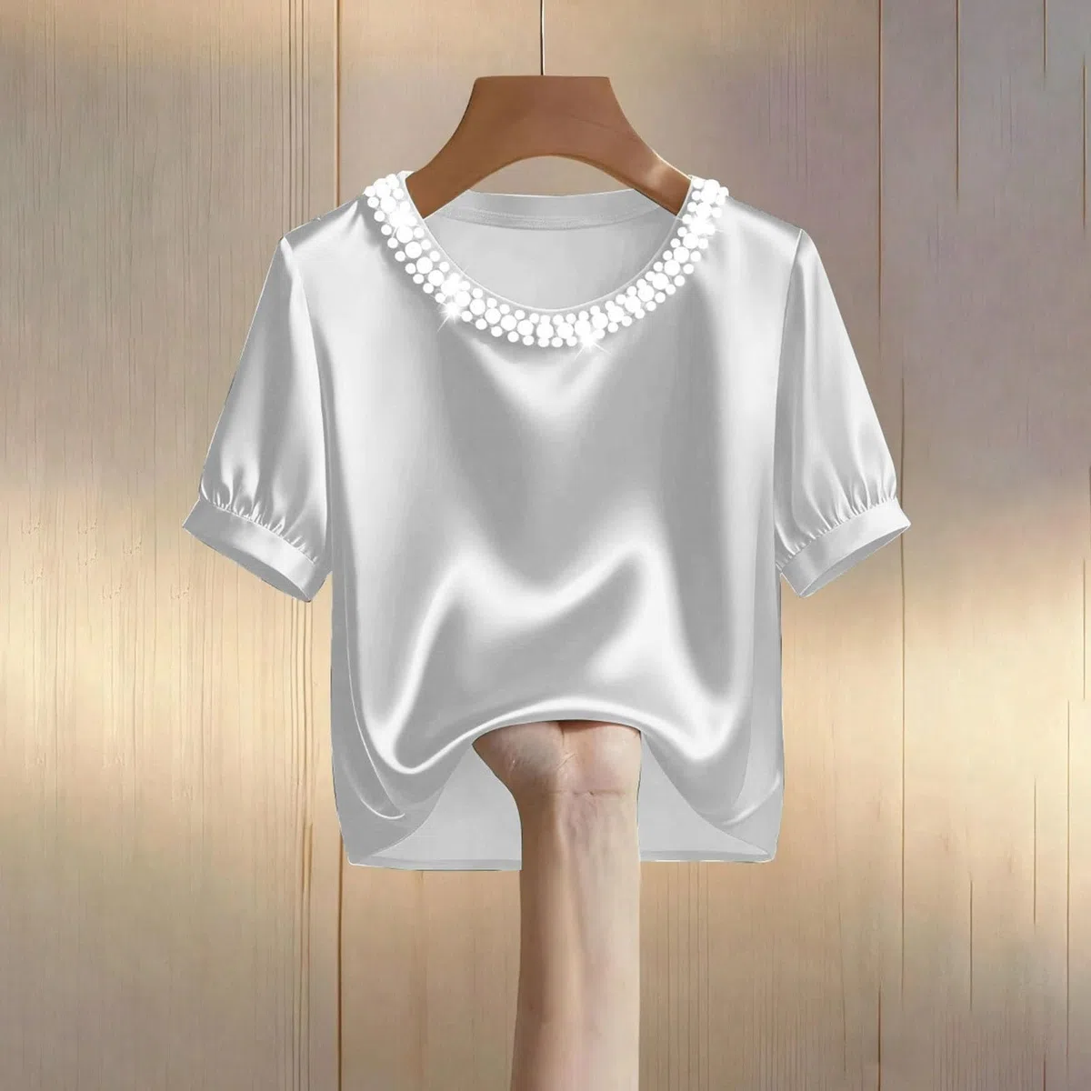 Camicia Donna Elegante Manica Corta,Camicie Raso Curvy Scollo a V con Perline,Blusa Estiva Eleganti Slim Fit Cerimonia,Camicetta Casual Ufficio Tinta Unita,Maglietta Leggera Sera Festa Shirt