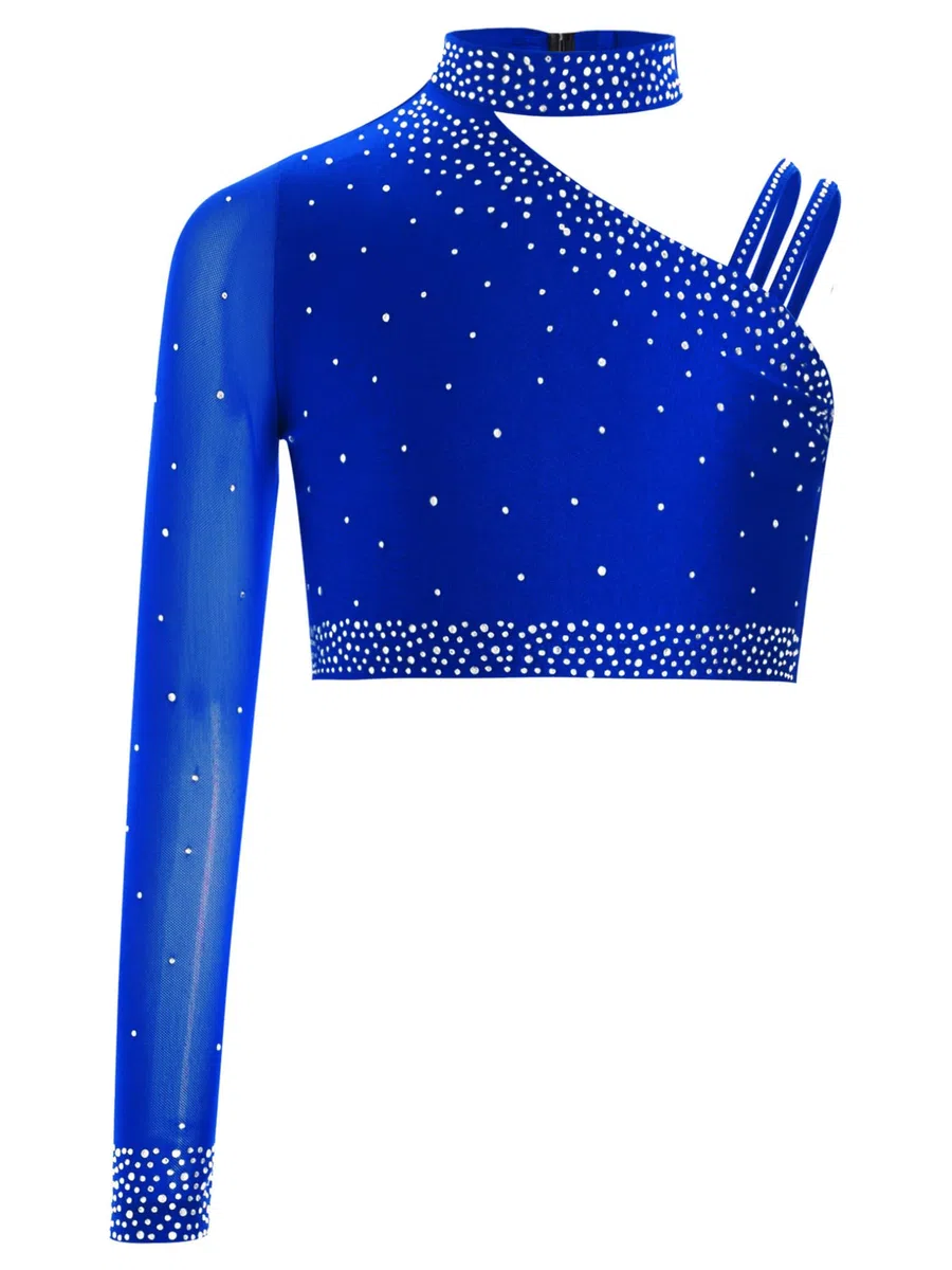 JEATHA Ragazza Abito da Ballo Latino Monospalla 2 Pezzi Top Corto con Strass e Gonna Irregolaro con Frange Vestito da Danza Classica Standard Salsa Samba