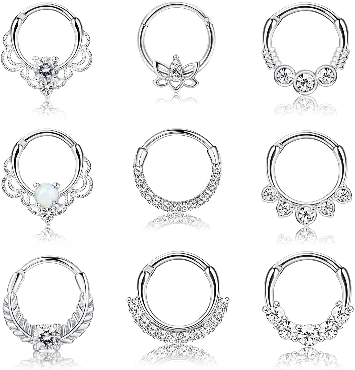 CASSIECA 9 piercing per naso, 16 g, in acciaio chirurgico ipoallergenico, per trago, piercing al setto, anelli in opale CZ Helix Cartilage Piercing Conch Daith Piercing per orecchio, 8 mm