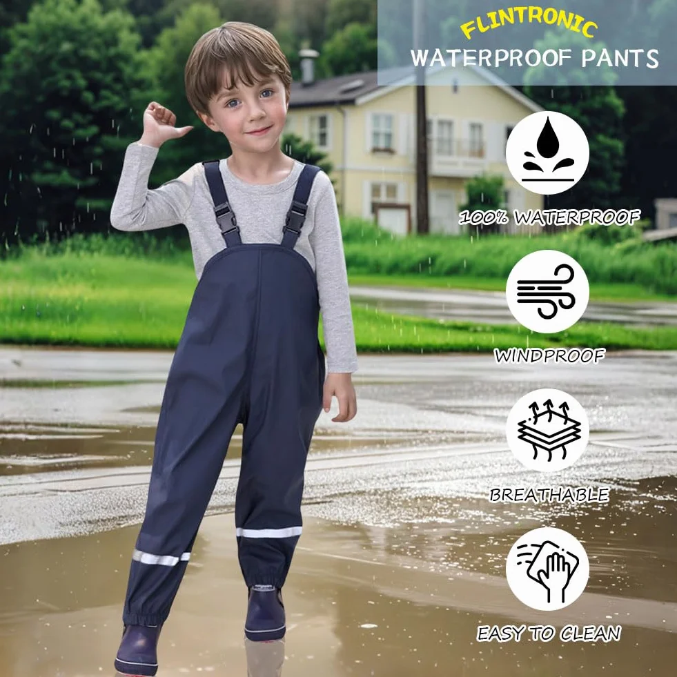 flintronic Pantaloni Impermeabili Bambini e Ragazzi, Antipioggia Sfoderati, Fango con Striscia Riflettente